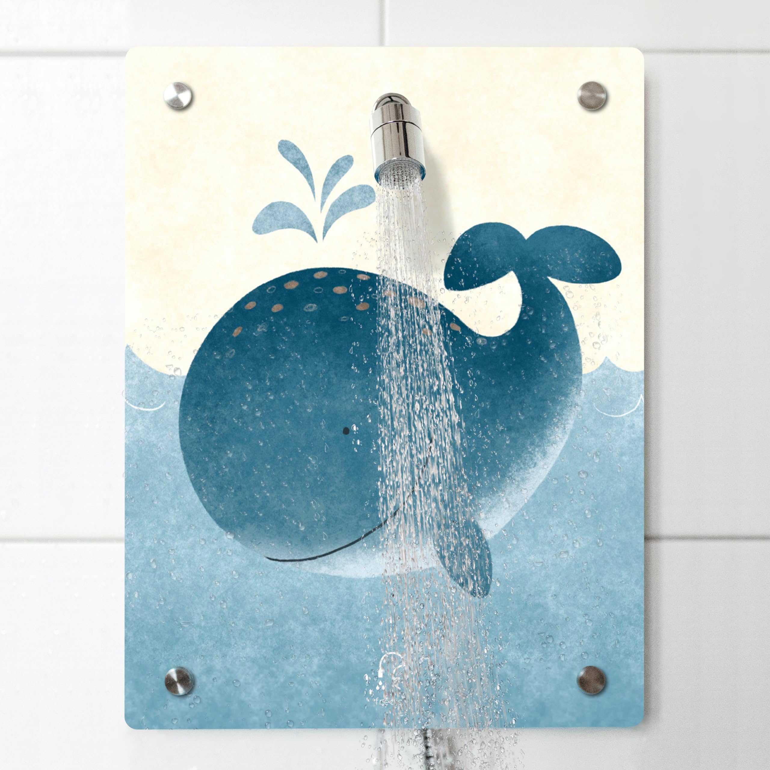Fredis Kinder Dusche mit Motiv Wal, Flexible Duschwand mit Duschkopf, 2 verschiedene Strahlarten, Montage ohne Bohren