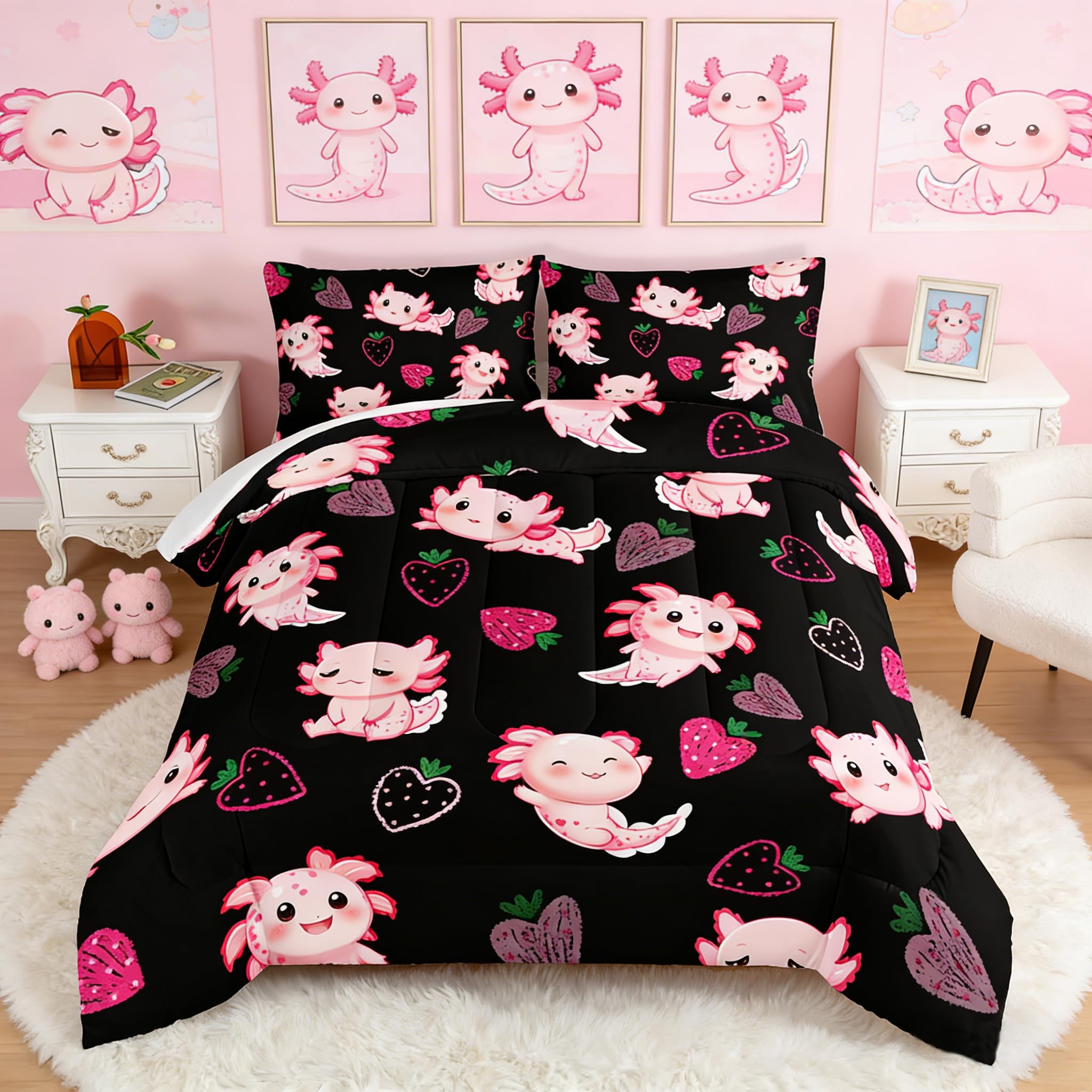 UEVBF Cute Axolotl Bedding Set Queen Size,Pink Axolotl Strawberry Printed Comforter Sets Aesthetic Bedding for Kids Girls,Beach Coastal Animal Themed