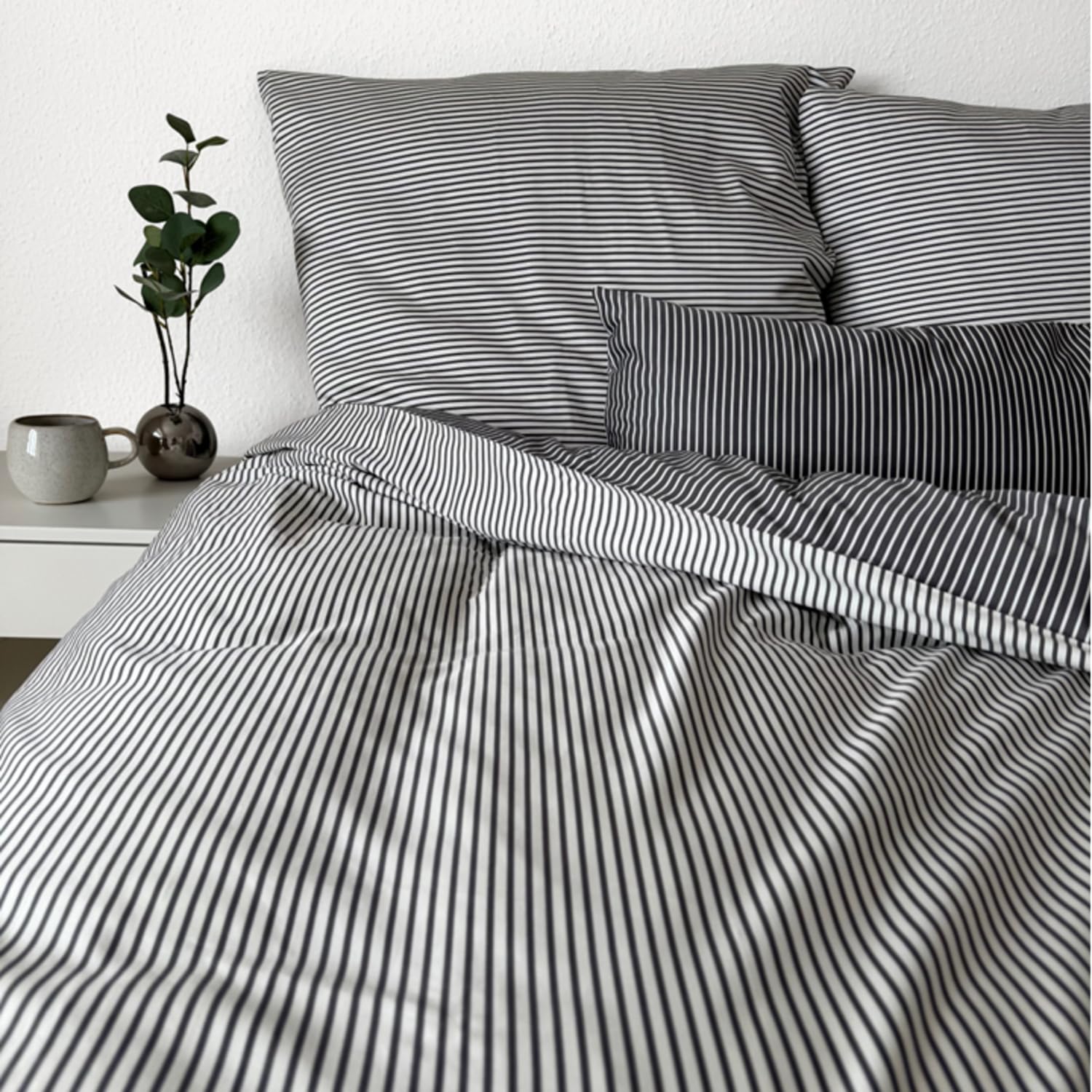 Magano® Luxus Bettwäsche Streifen | Bambus & Baumwolle (Grau, 135x200 cm + 40x80 cm)
