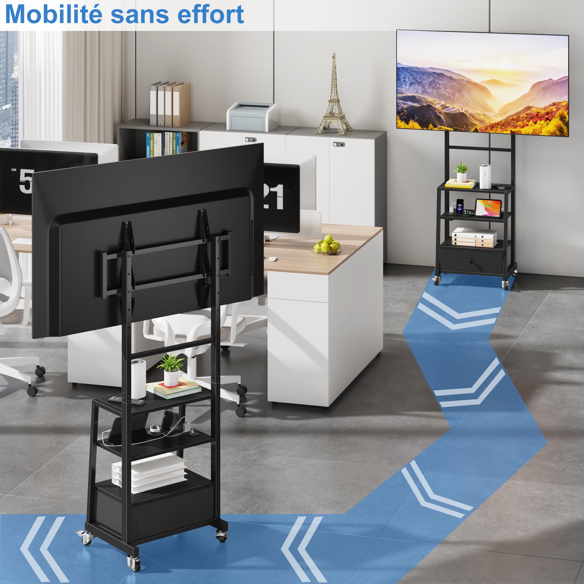 Meuble TV Roulette avec Prise & Tiroir 32-75" VESA 600x400, Noir | 2 Prises + 2 Ports USB | Tiroir Tissu | Rangement Étagère | Hauteur Réglable | Roulettes | Charge 50kg | Salon/Bureau