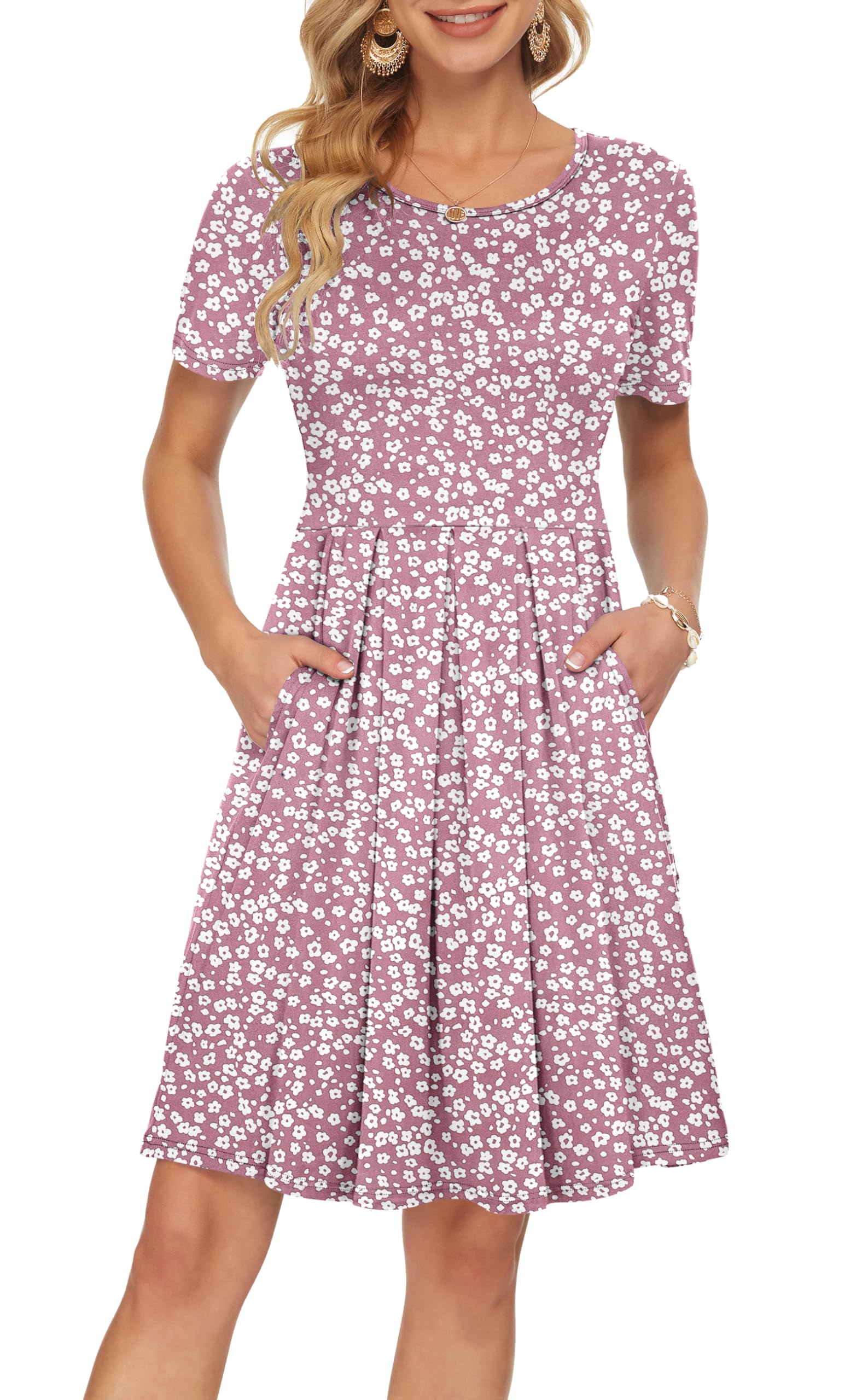 AUSELILY Women's Short Sleeve Pleated Swing Summer Dress with Pockets