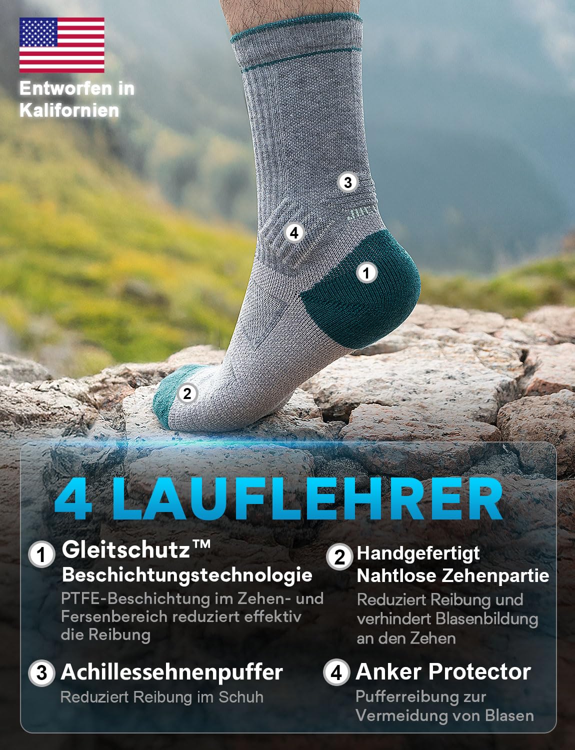 Juclise Merinowolle Wandersocken Herren Kompression Anti Blasen Gepolstert Wollsocken Anti-Schweiß Atmungsaktiv Trekkingsocken