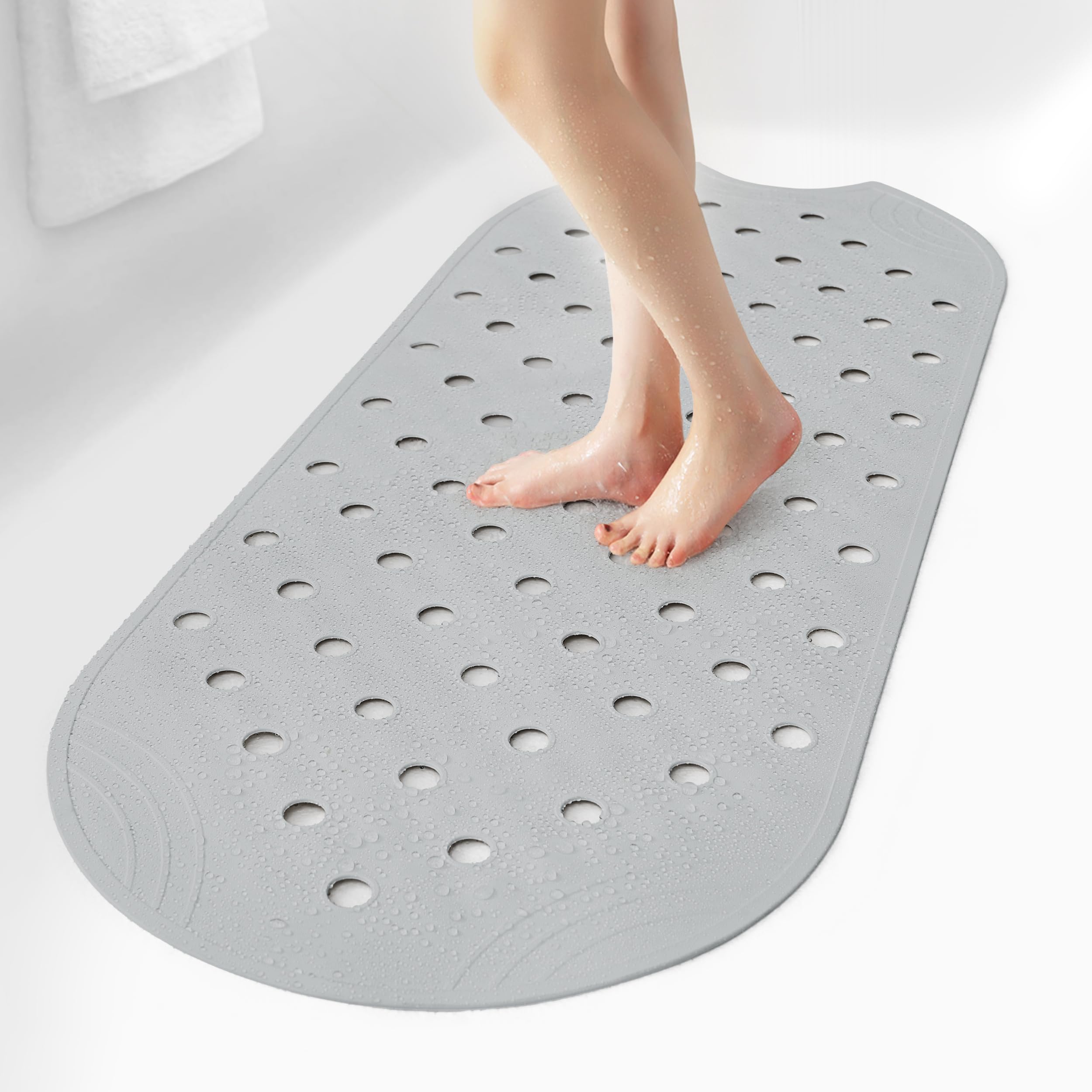 SelfSuite Rubber Bathtub Mat Shower Mat Non-Slip, 39x16 Inch, Bath Tub Floor Mat with Suction Cups and Drainage Holes, Grey