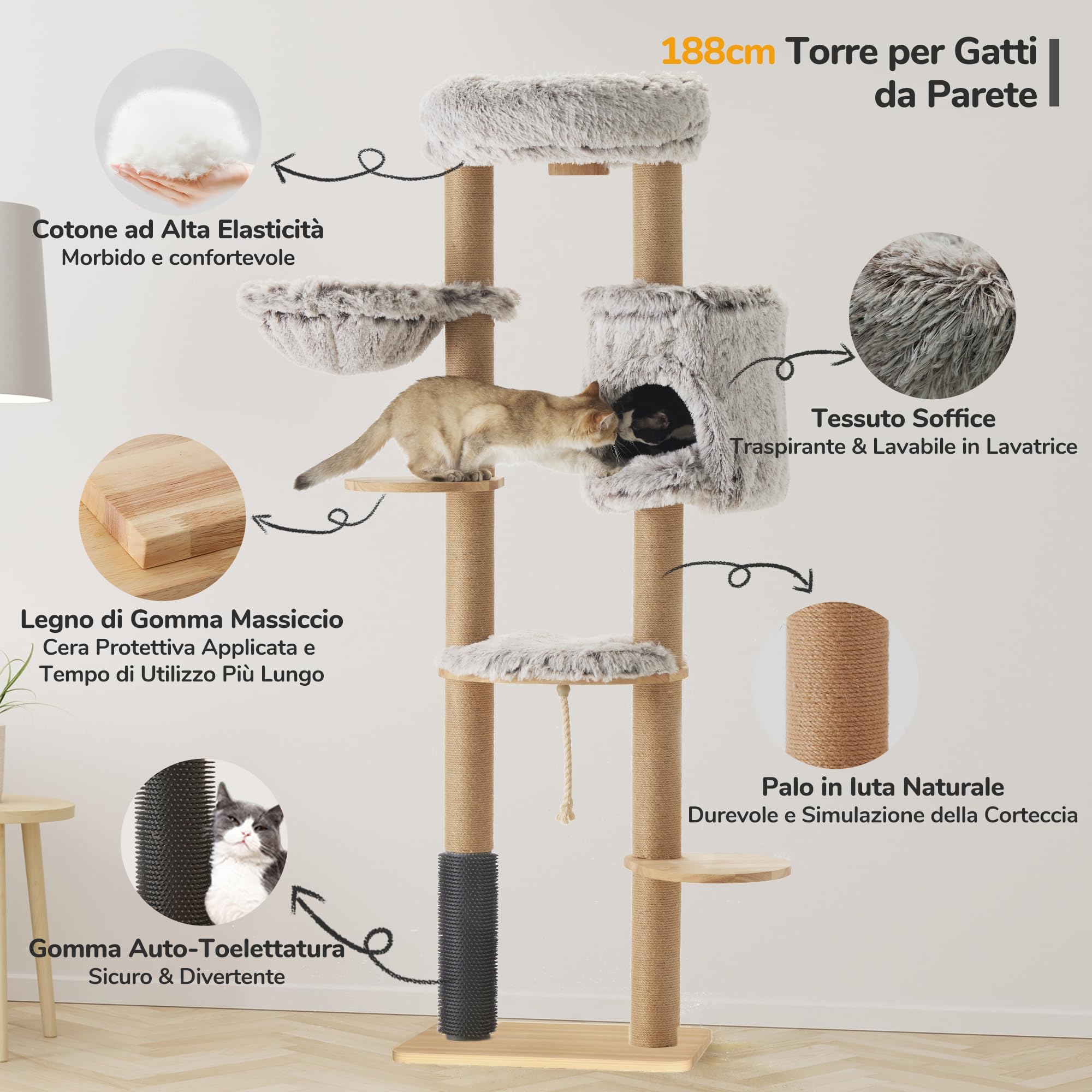 FUKUMARU Castello Tiragraffi per Gatto da parete(188CM) Albero Tiragraffi per Gatti Multilivelli Fatto in Legno di Massello e Iuta.Castello con Cuccia, Amaca,Trespolo,Piattaforme e Spazzola per Gatti.