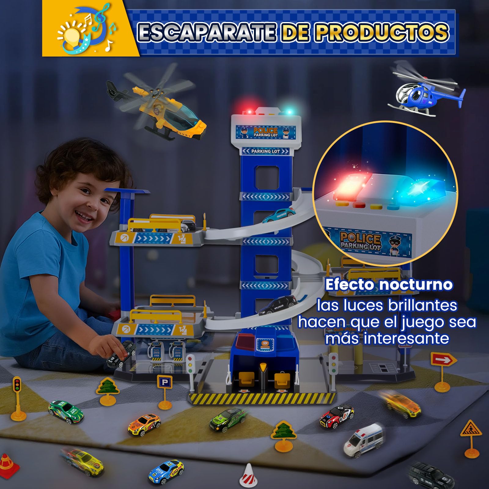 BuzzoXerex 5 Plantas Garaje Coches para Niños, Parking Molto con 14 Coches y 2 Helicóptero, Parking Juguete con Pista de Coches y Ascensor, Educativos Regalos para Niños 5 6 7 8 9 Años (Policía)