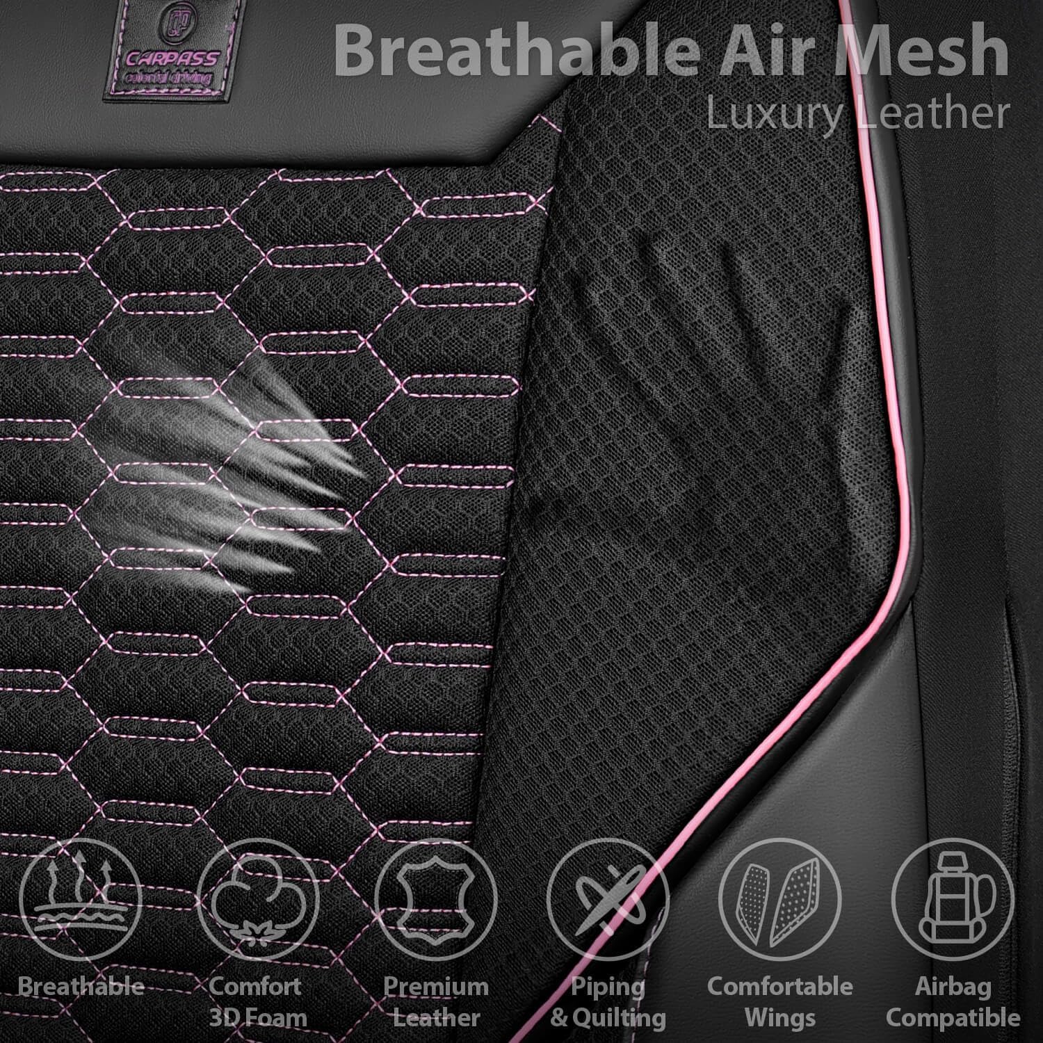 CAR PASS 3D Foam Mesh Leather Car Seat Covers Front Seats,Breathable Mesh Front Seat Covers for Women,Universal Fit for Cars SUV Truck Sedan Van Automotive, Armrest Airbag Compatible,Black and Pink