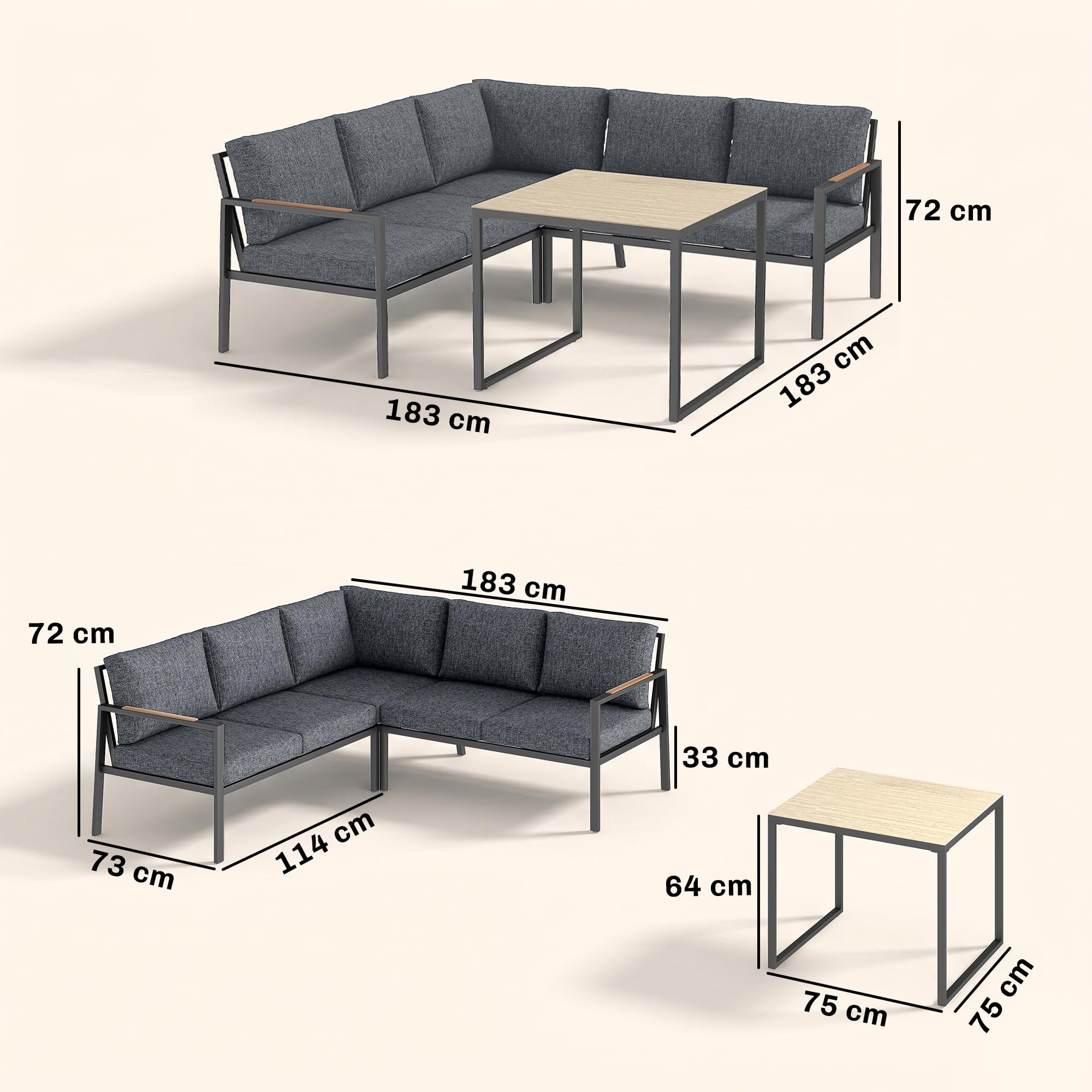 Outsunny Soggiorno da giardino esterno 3 Pezzi 5 per. 2 Divani Grigio Scuro | Cuscini rimovibili spessi, 1 tavolino da caffè con piano in vetro, set da divano esterno, per terrazza balcone