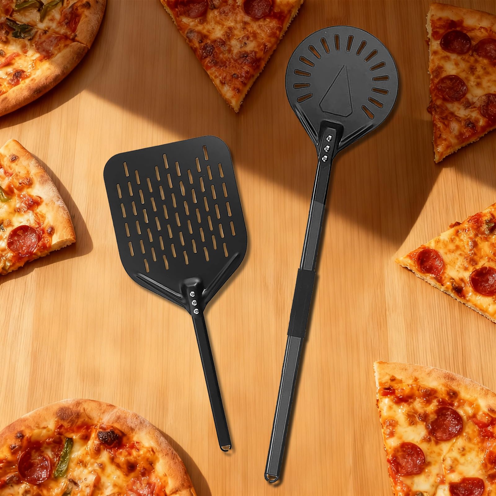 Set Pelle e Spatola per Pizza, 12 Pollici Rotonda (Manico 80 cm) + 8 Pollici Quadrata (Manico 40 cm), con Foro per Stoccaggio e Manico Antiscivolo, Ideale per Pizza e Pane
