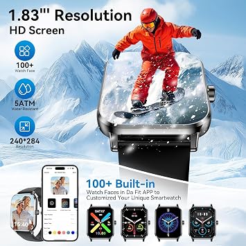 Smart Watch for Men Women, 1.83 HD Touch Screen Smartwatch with Bluetooth Call, IP68 Waterproof, 130+ Sport Modes Fitness Tracker Heart Rate Sleep Monitor Pedometer, Compatible with Android iPhone