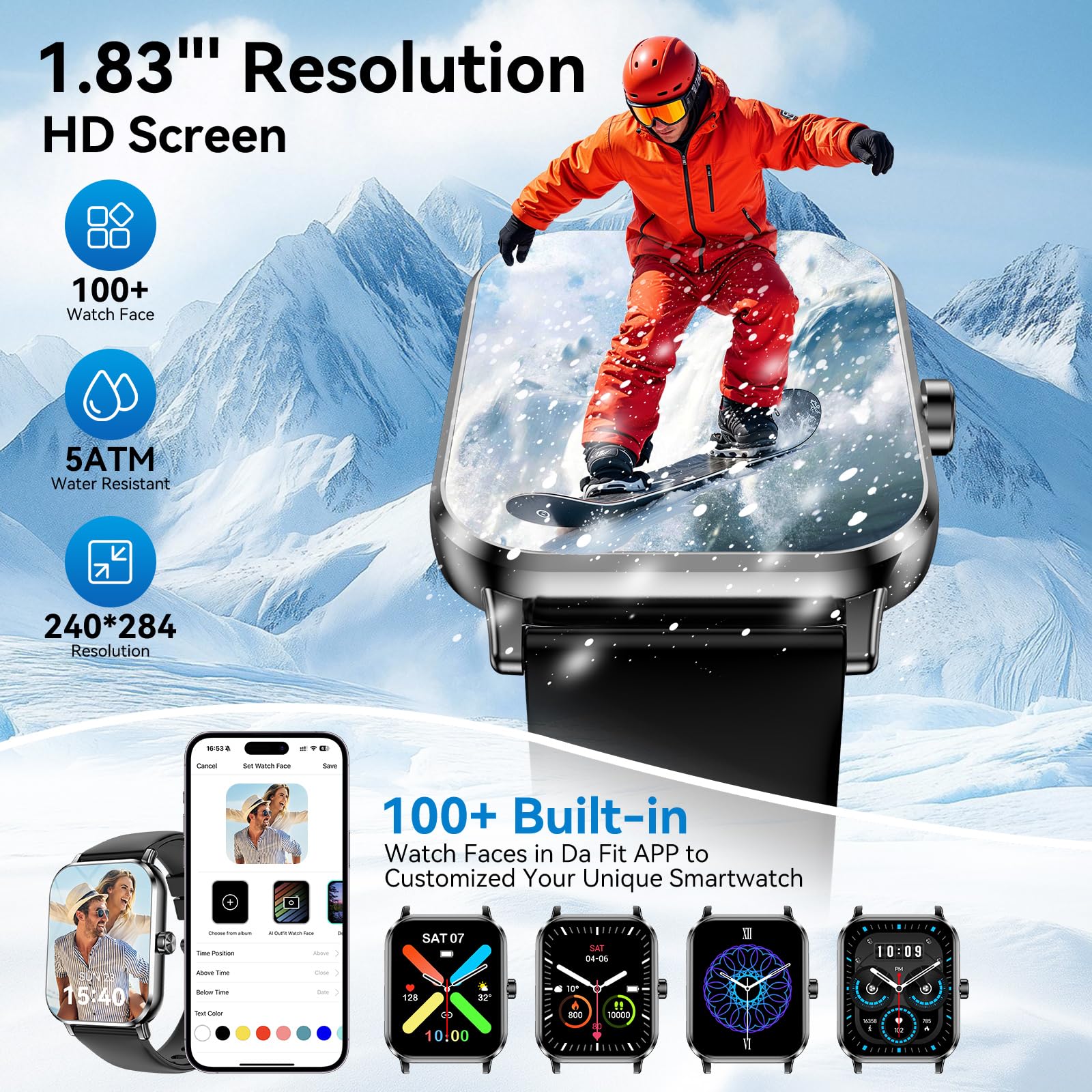 Smart Watch for Men Women, 1.83" HD Touch Screen Smartwatch with Bluetooth Call, 5 ATM Waterproof, 130+ Sport Modes Fitness Tracker Heart Rate Sleep Monitor Pedometer, Compatible with Android iPhone