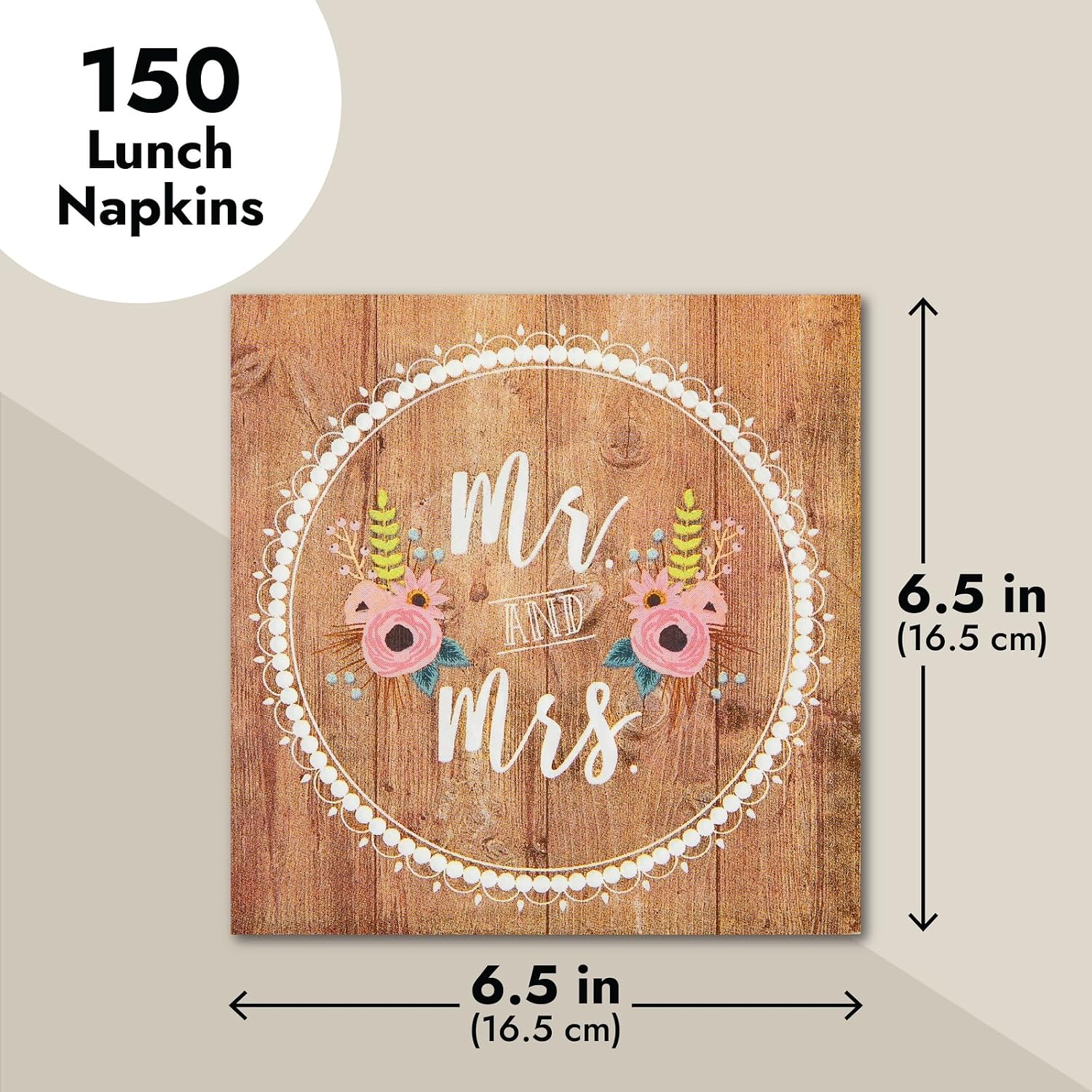 150-Pack Mr and Mrs Napkins, Disposable, Rustic-Style Wedding Napkins for Reception, Bridal Shower Decorations, Engagement Party Supplies (6.5x6.5 in) Bulk Pack