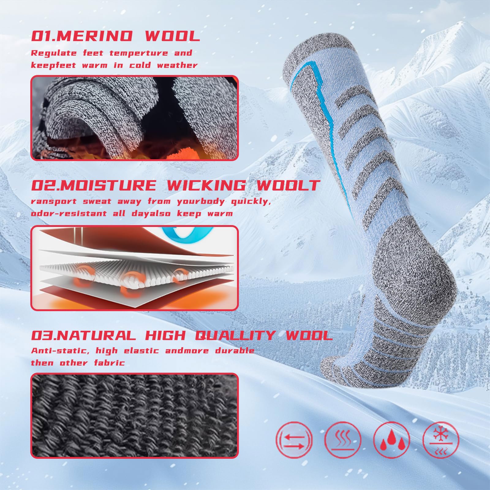 4 Paia Calzini da Sci in Lana Merino per Uomo e Donna Traspiranti Asciugatura Calze Termiche al Ginocchio Assorbimento umidità Ideali per Trekking,Ciclismo,Snowboard,Sport Invernali