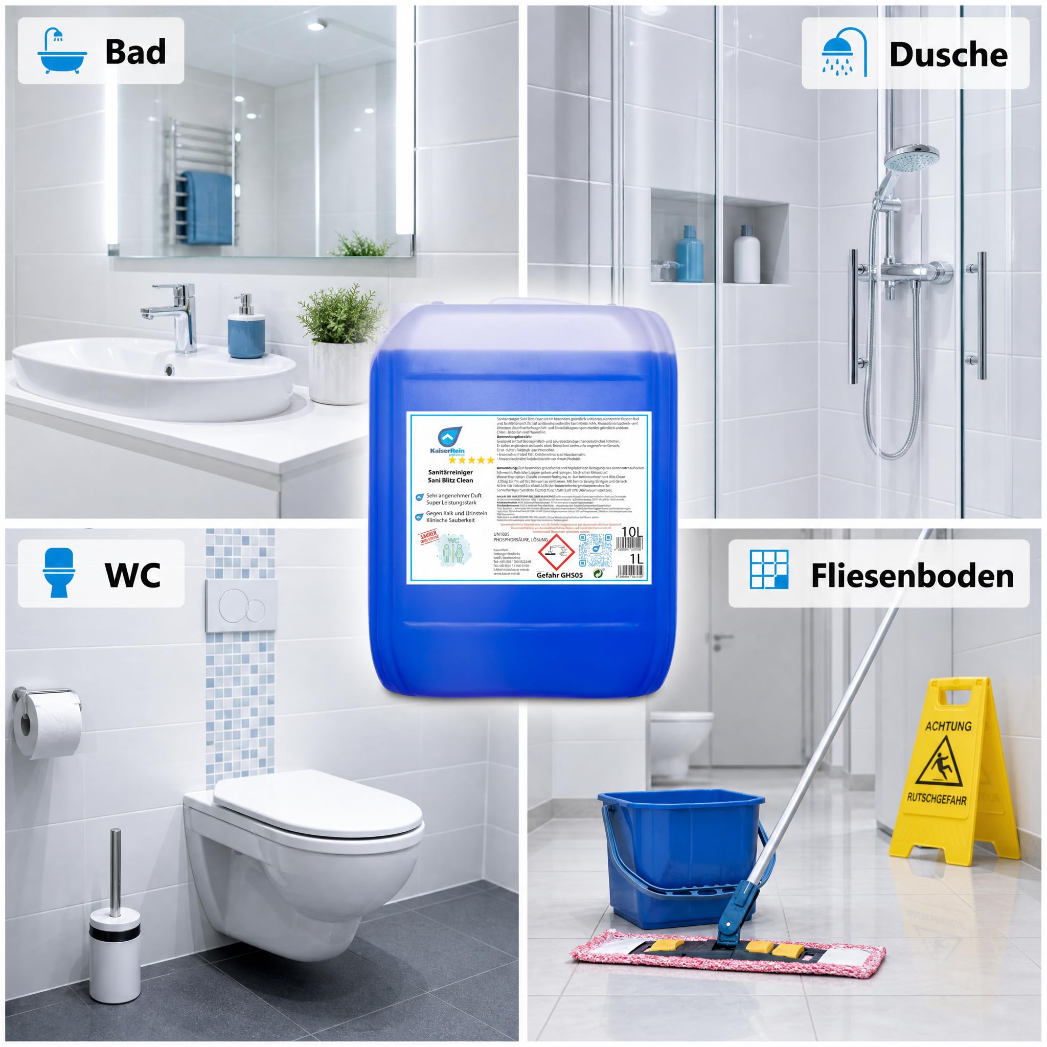 KaiserRein WC Reiniger Sani Blitz Clean, extra starker Profi-Sanitärreiniger & Urinsteinentferner, Konzentrat im 10 L Kanister, löst Kalk, Wasserstein & Kalkseifen, für Bad, Dusche, WC, Fliesen