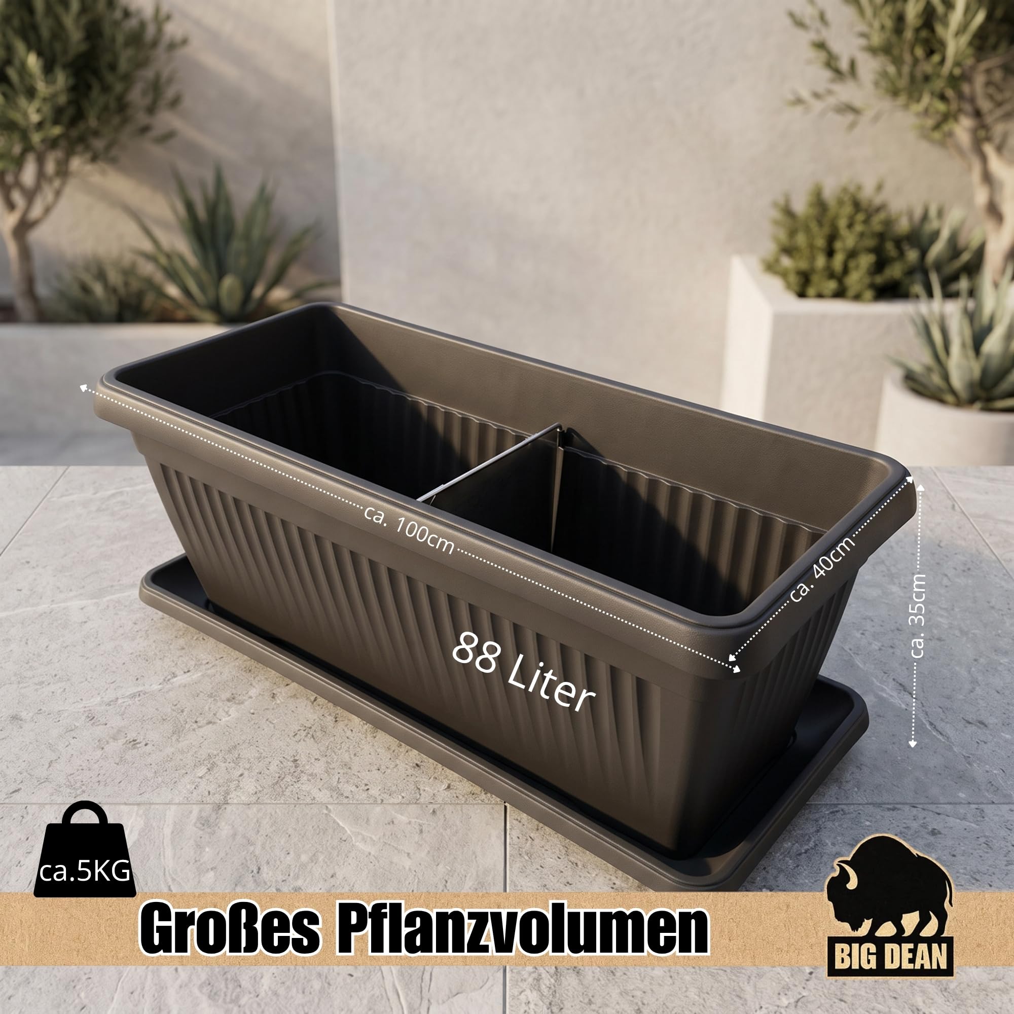 BigDean 3 Stück XXXL Blumenkübel 100×40×35cm 88 L Blumenkasten Blumentopf | Mediterranes Design, Lieferung inkl. Untersetzer, Farbe: Anthrazit, Pflanzkübel, XXXL, Extra-Groß, Pflanztopf