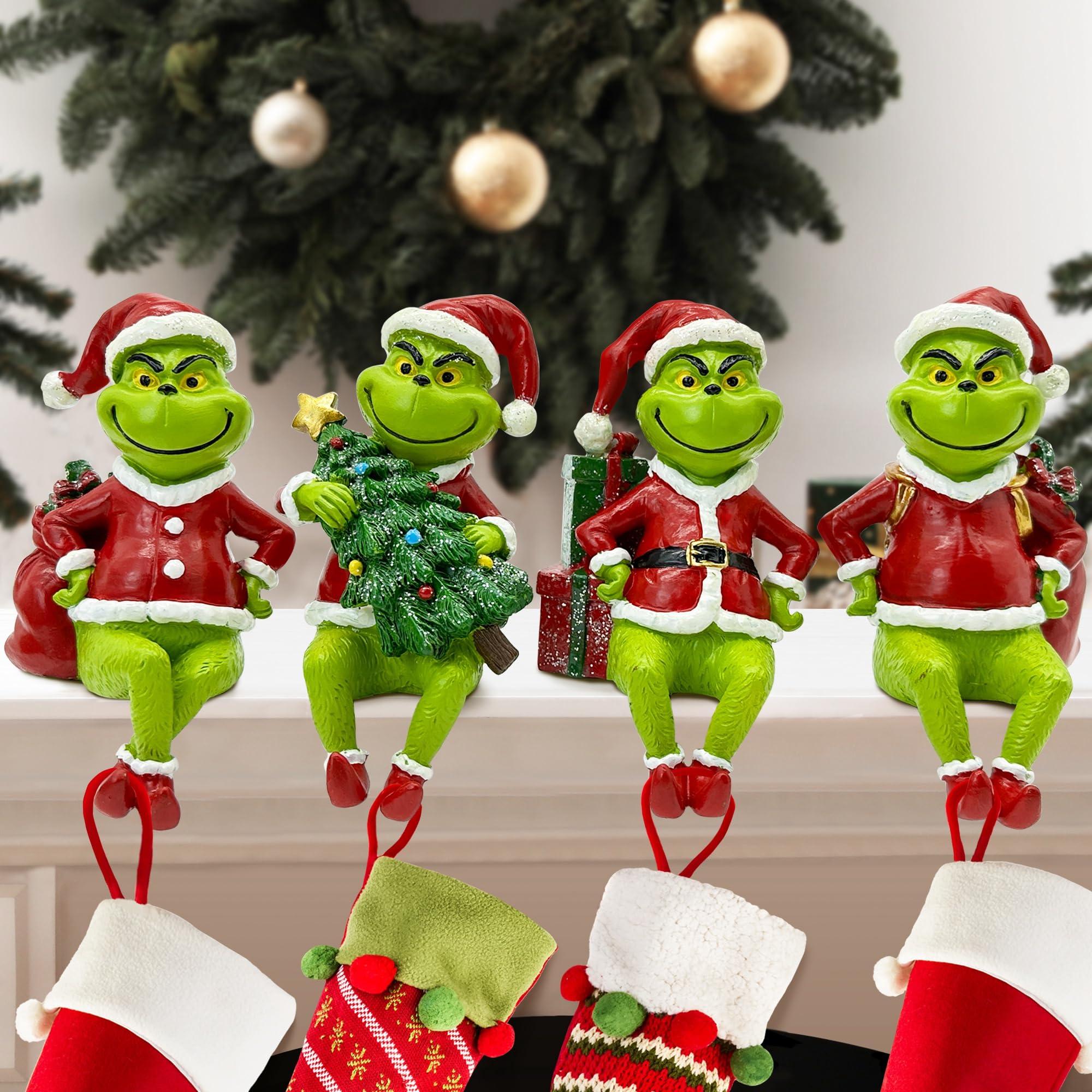 hexagram christmas stocking holders set of 4, christmas stocking hangers for mantel, xmas green mantle hooks for stockings holder