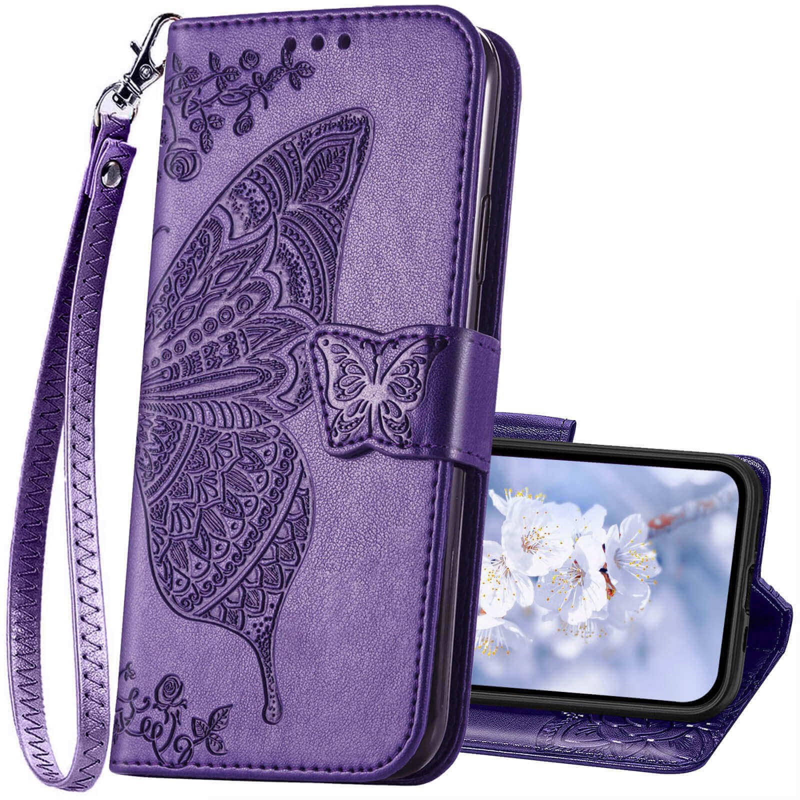 KRHGEIK Compatible with iPhone 14 Wallet Case for Women,Butterfly Embossed PU Leather Flip Folio Cover Credit Card Holder Slots Stand Wallet Phone Case for iPhone 14 6.1 Inch (Purple)