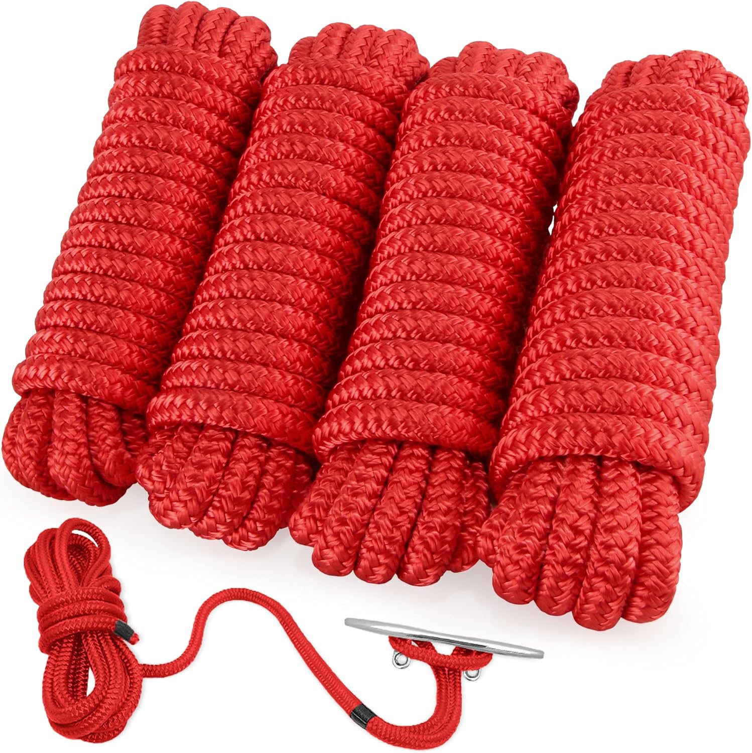 Boat Dock Lines 3/8”x 15’Dock Line Double Braided Nylon Boat Dock Lines & Rope Dock Lines for Boats Boat Ropes for Docking with Loop Boat Mooring Lines Set 4 Piece-Red