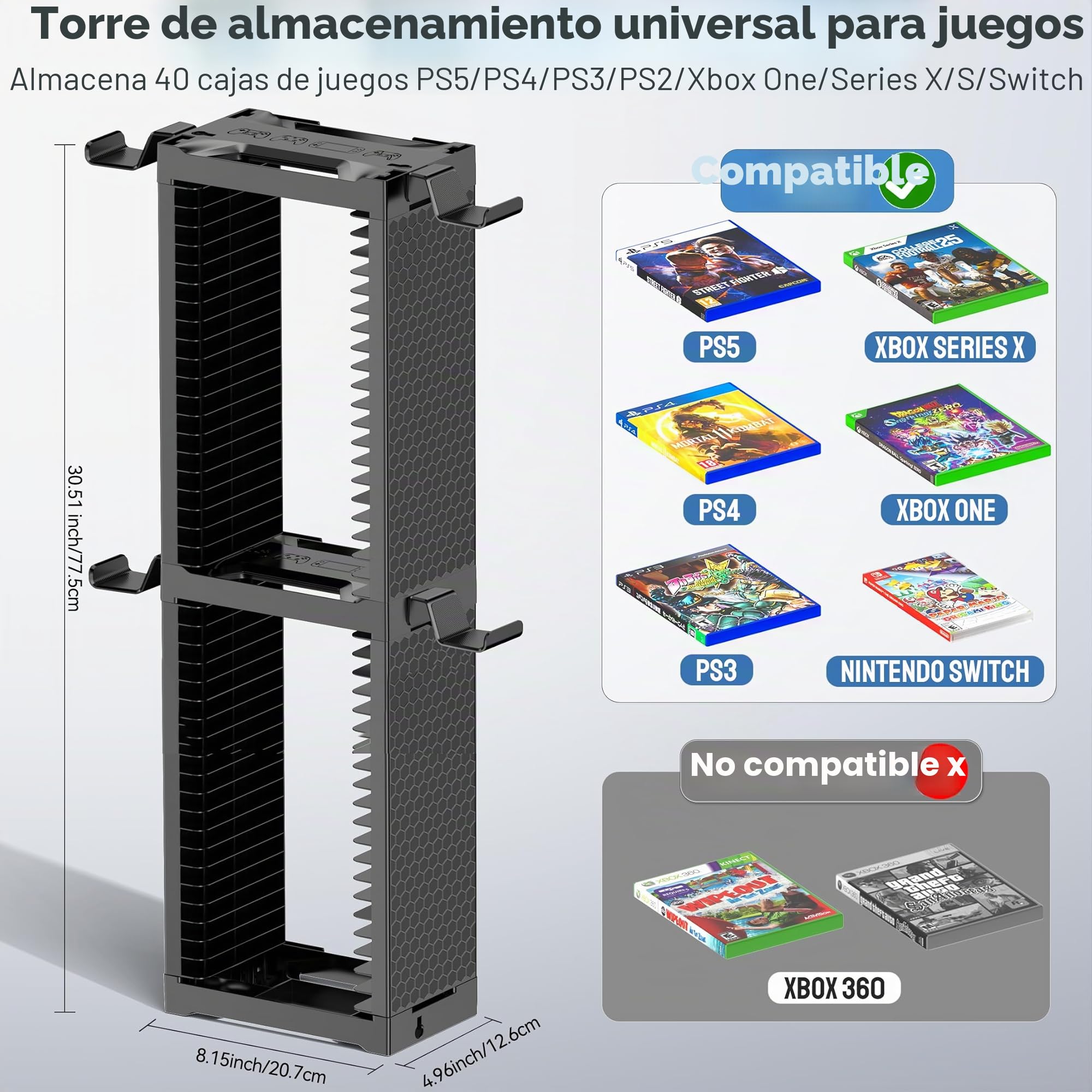 Torre de Almacenamiento de Videojuegos con Soporte para Mando, Soporte Juego para NS 2/PS5/PS4/Xbox, Organizador de Videojuegos para 40 Discos, Vertical & Horizontal Estantería Discos, Accesorio juego