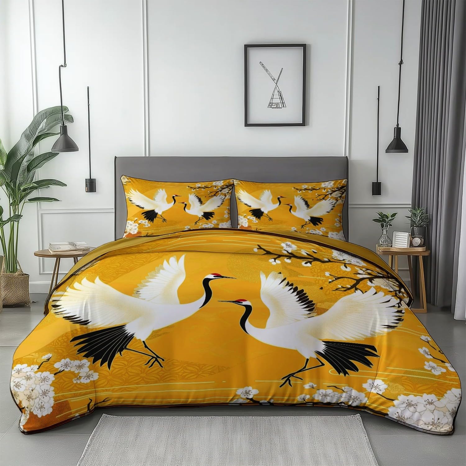 Housse de Couette 220 x 240 cm (2 Taies 65x65), Style L'Élégance De La Grue Blanche Japonaise, en Microfibre Brossée de Qualité pour Un Lit Élégant, Jaune