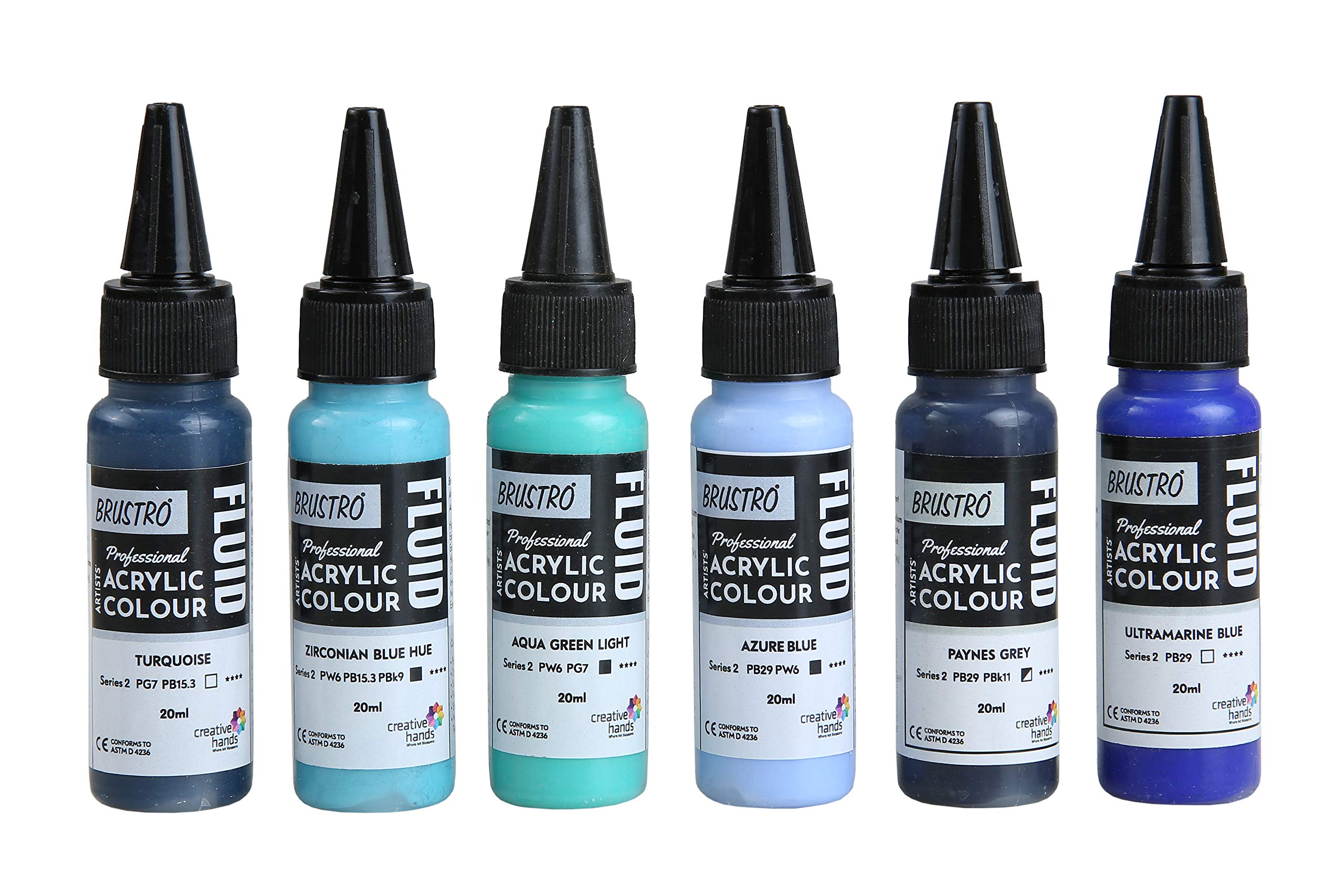 Brustro Professional Artists ’ Fluid Acrylic 20 ml Beyond The Blues Pack of 6 (Turquoise,Ultramarine Blue,Zirconian Blue Hue, Paynes Grey, Aqua Green Light, Azure Blue)