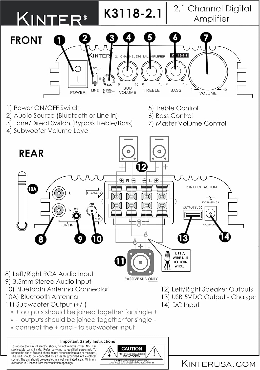 Kinter K3118-2.1 Bluetooth 5.0 Stereo Digital Receiver Amplifier 2.1 Channel Mini Hi-Fi Class D Amp 30 Watt x 2 Channels + 80 Watt Subwoofer for Home TV DIY Auto Outdoor Passive Speakers Subwoofer