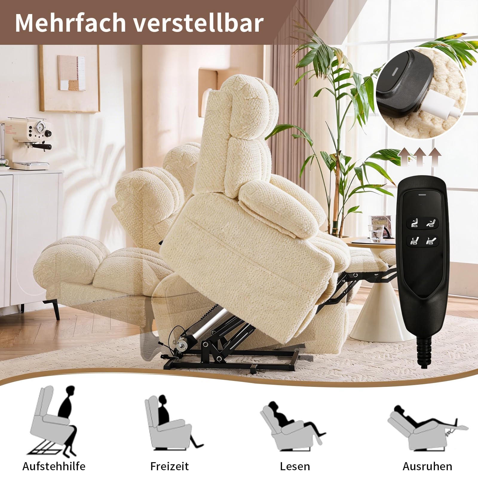 fernsehsessel elektrisch verstellbar，Zweimotoriger Antrieb relaxsessel mit Aufstehhilfe Sessel Wohnzimmer relaxsessel mit liegefunktion, multifunktionales Einzelsofa（Beige）