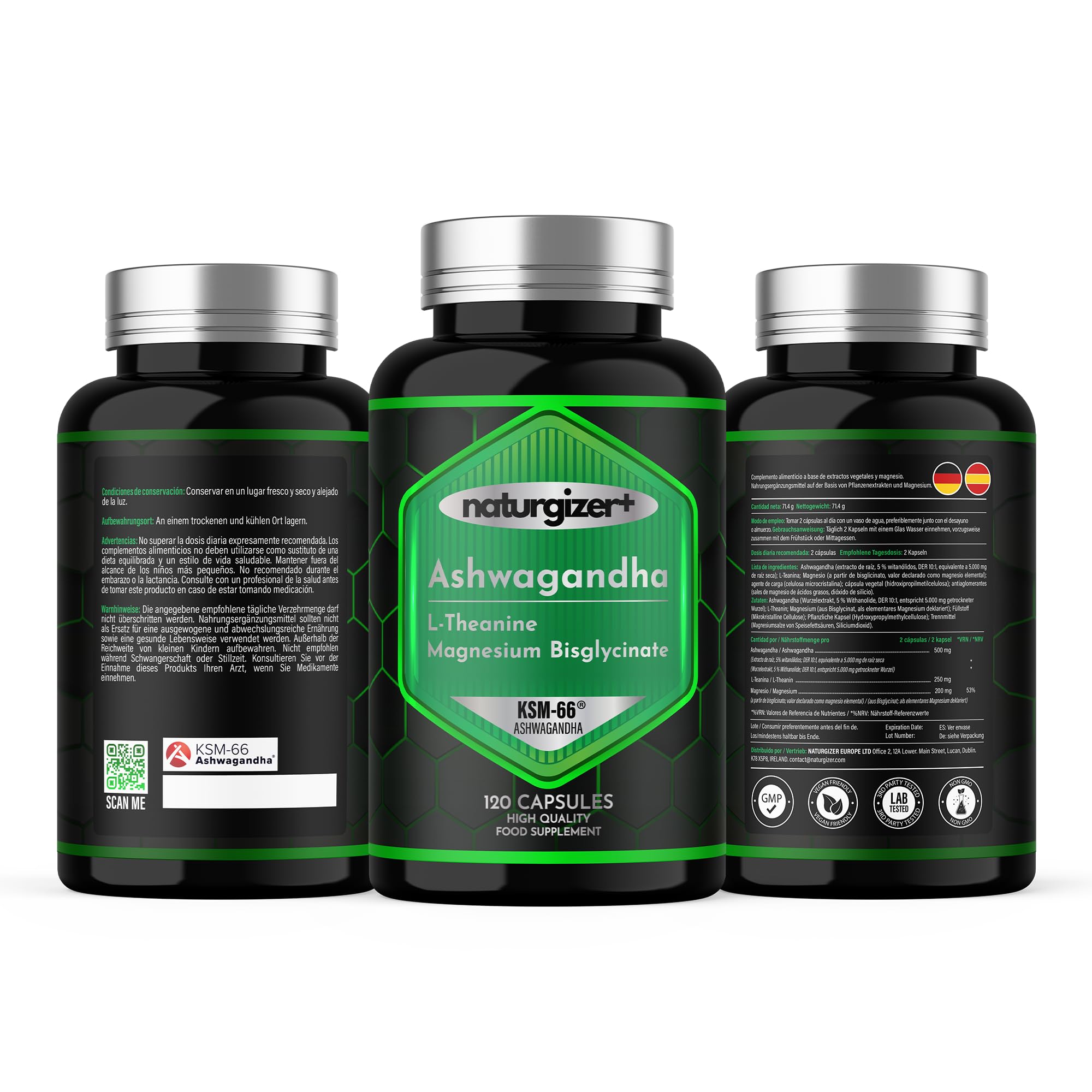 Ashwagandha KSM-66 + L-Theanine + Magnesium Bisglycinate | COMPLEX Formula for Your Daily Wellness Routine | High Purity | 120 Vegan Capsules | Naturgizer+ — view 8