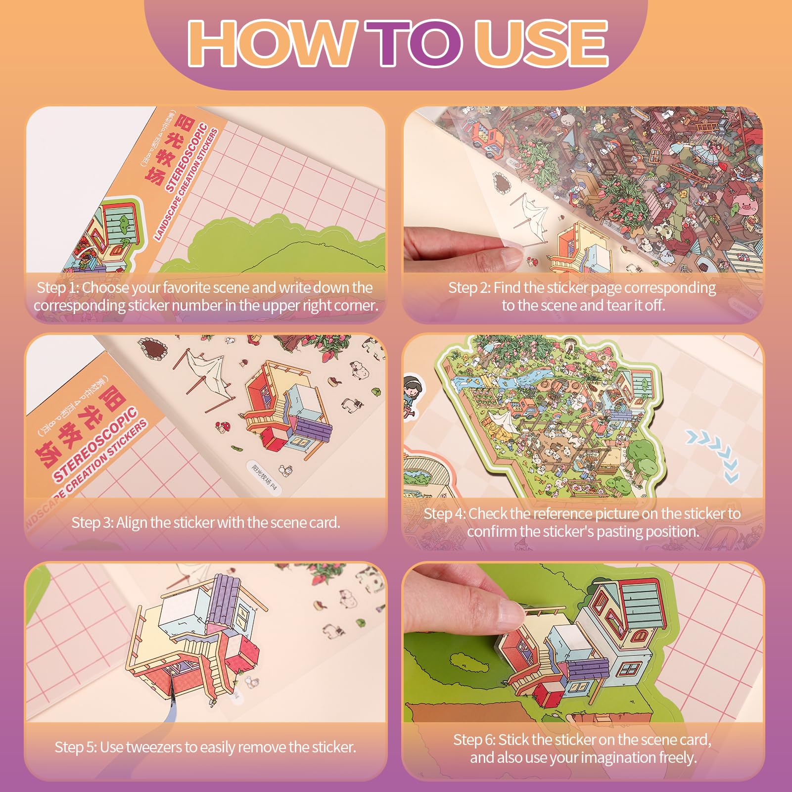 GSrenyu 12 Sets DIY 3D House Stickers,Fun Stickers Scene,Cute 3D Cartoon Scene Sticker Set for Relief Stress,Pass The Time(Yellow+Pink) - Image 4