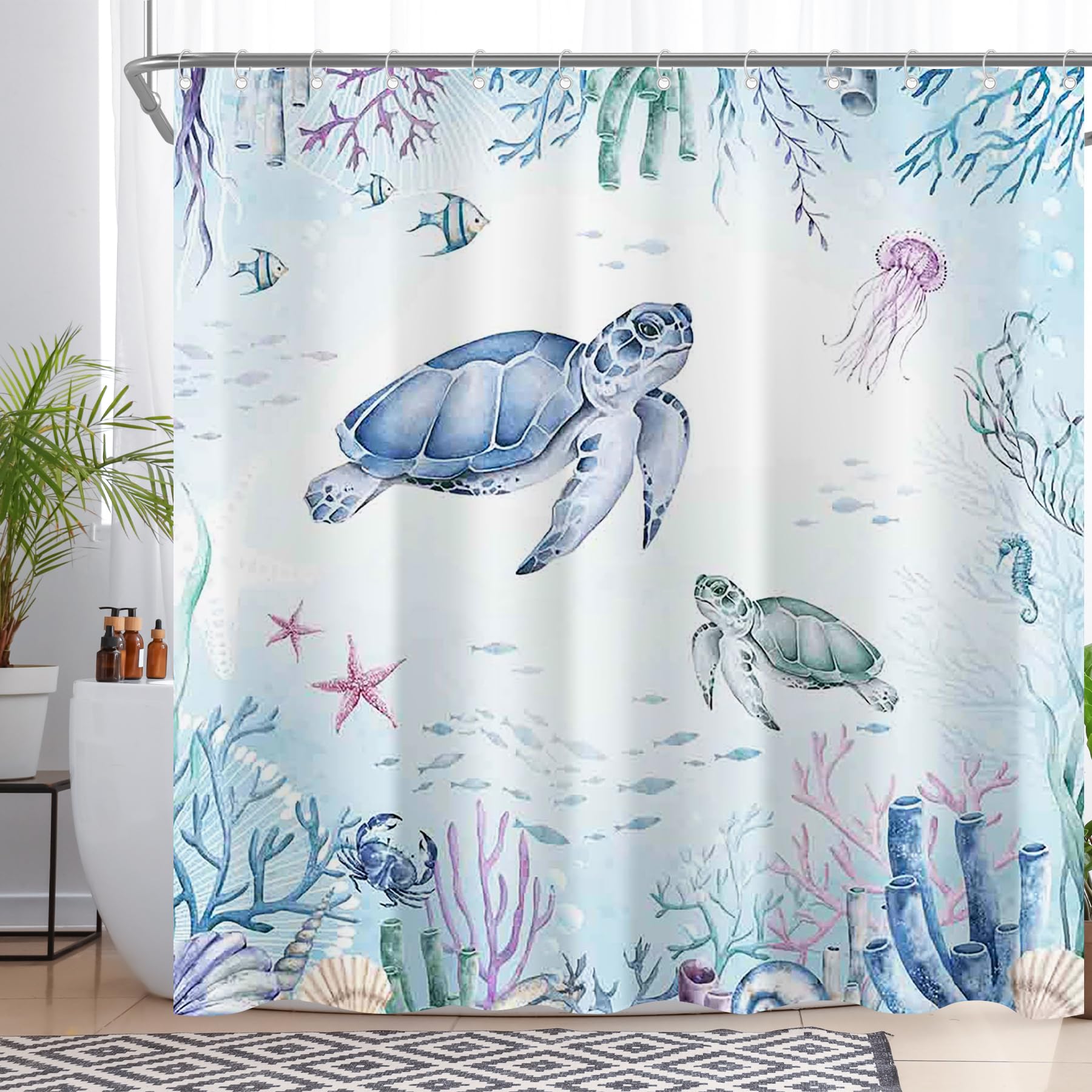 YCUCUEI Watercolor Under The Sea Shower Curtain for Bathroom Turtle Coastal Beach Underwater Coral Animal Seaweed Home Decorations Sets with 12 Hooks Waterproof Polyester 72