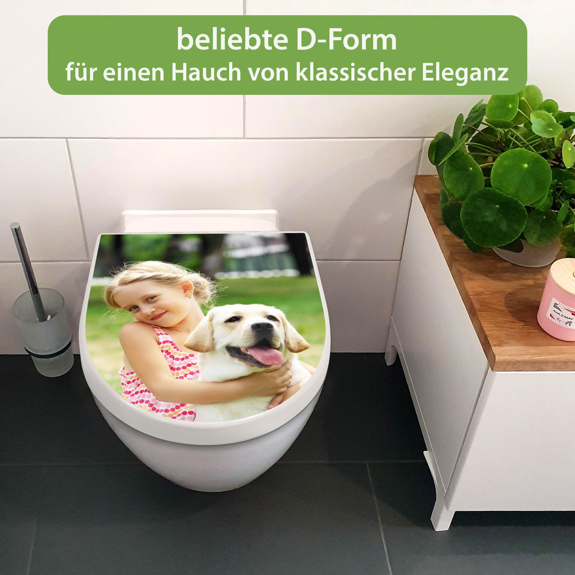 banjado WC Sitz mit Absenkautomatik D Form - Toilettendeckel mit Absenkautomatik D Form - Klodeckel Softclose - stabile Klobrille - Toilettensitz Weiß - Motiv Wunschmotiv