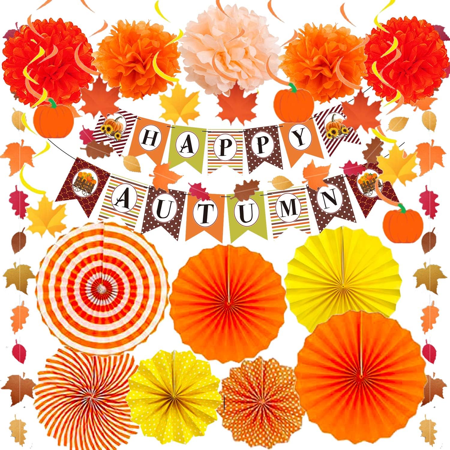 Whaline Fall Party Decorations Set Including Thanksgiving Fall Hanging Paper Fans Orange Pom Poms Maple Leaves Garland Happy Autumn Banner Hanging Swirls for Fall Wedding Birthday Party Decor, 23Pcs