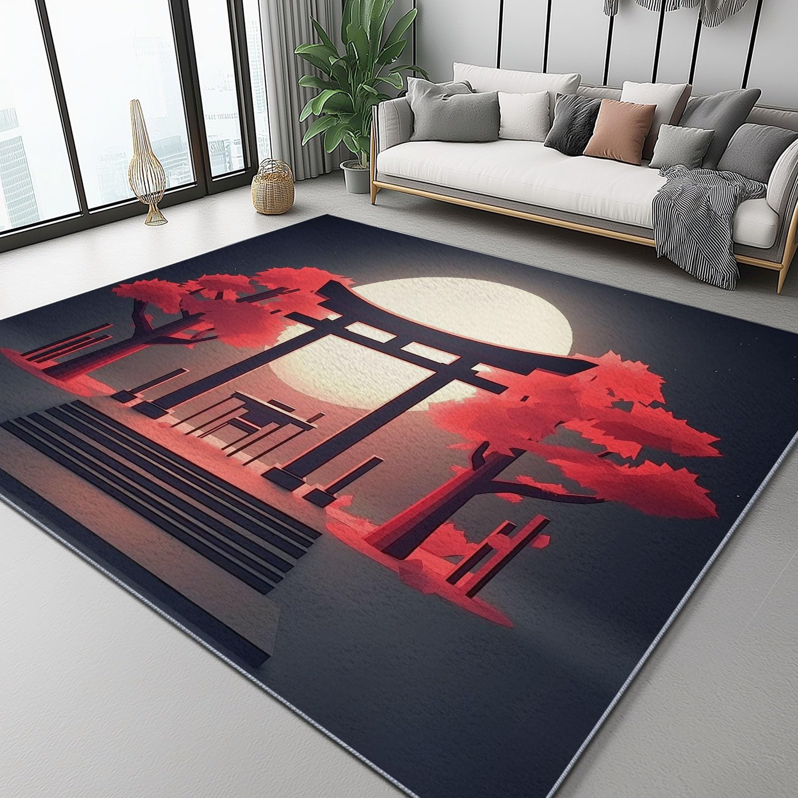 Decoration Tappeto 150 x 210 cm, Stile Giapponese 3D Cancello Torii motivo Morbido e Antiscivolo Tappeto, Grigio Scuro Impresión Lavabile Tappeti per balcone terrazza soggiorno camera da letto
