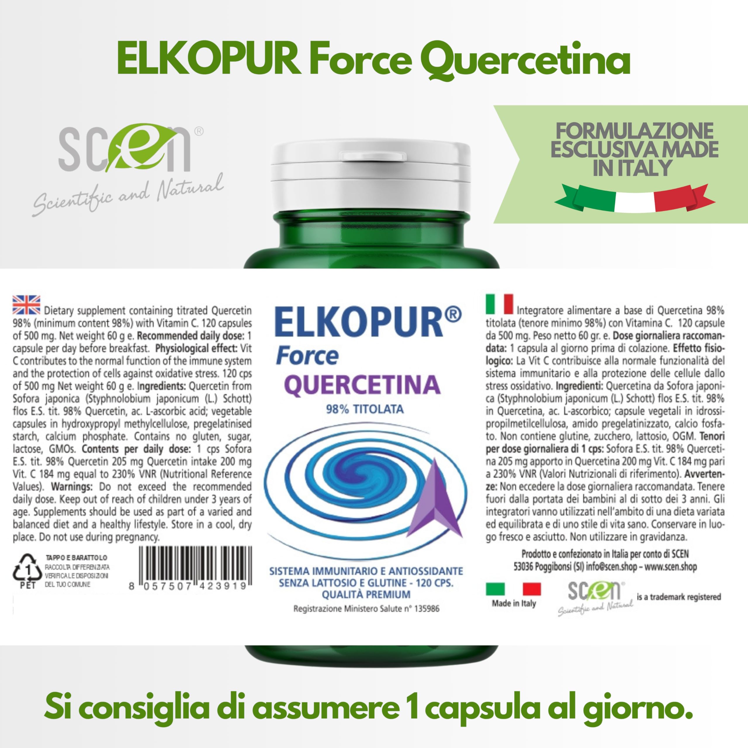 SCEN Quercetina con Vitamina C – 120 Capsule – Titolata 98% – Made in Italy