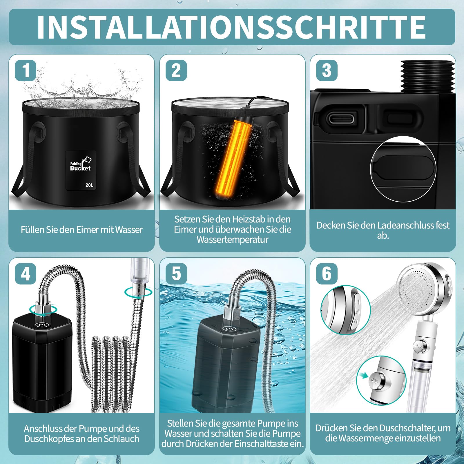 JONRRYIN Douche de camping chauffante, douche mobile d'extérieur avec affichage de la température de 6000 mAh, pommeau de douche filtrable et réservoir d'eau de 20 L pour jardin, lavage de voiture
