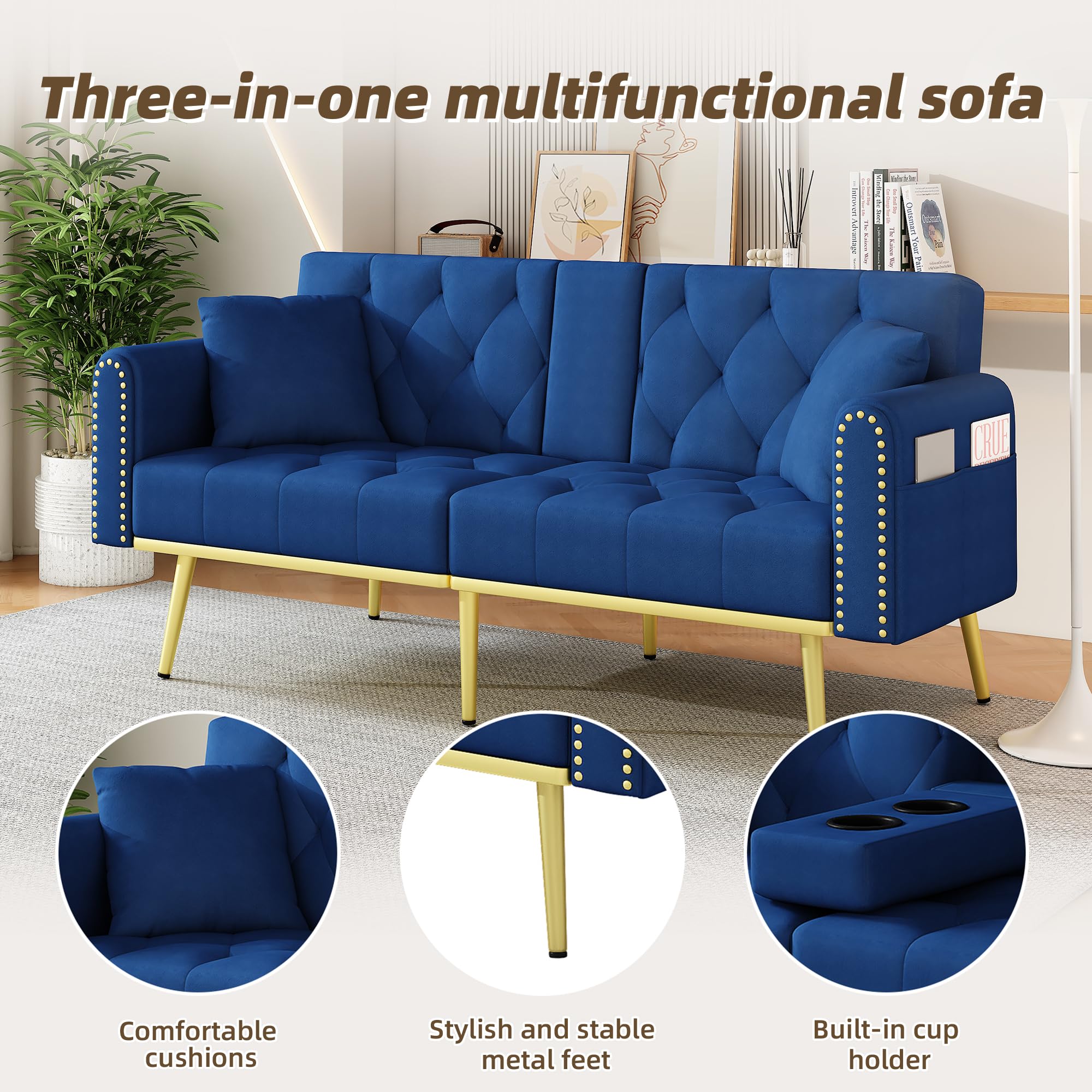 SACOOL Sofá cama doble plegable con función reclinable, tres ángulos de inclinación ajustables, soporte para bebidas, funda de tela, color azul, adecuado para salón, dormitorio, cine en casa