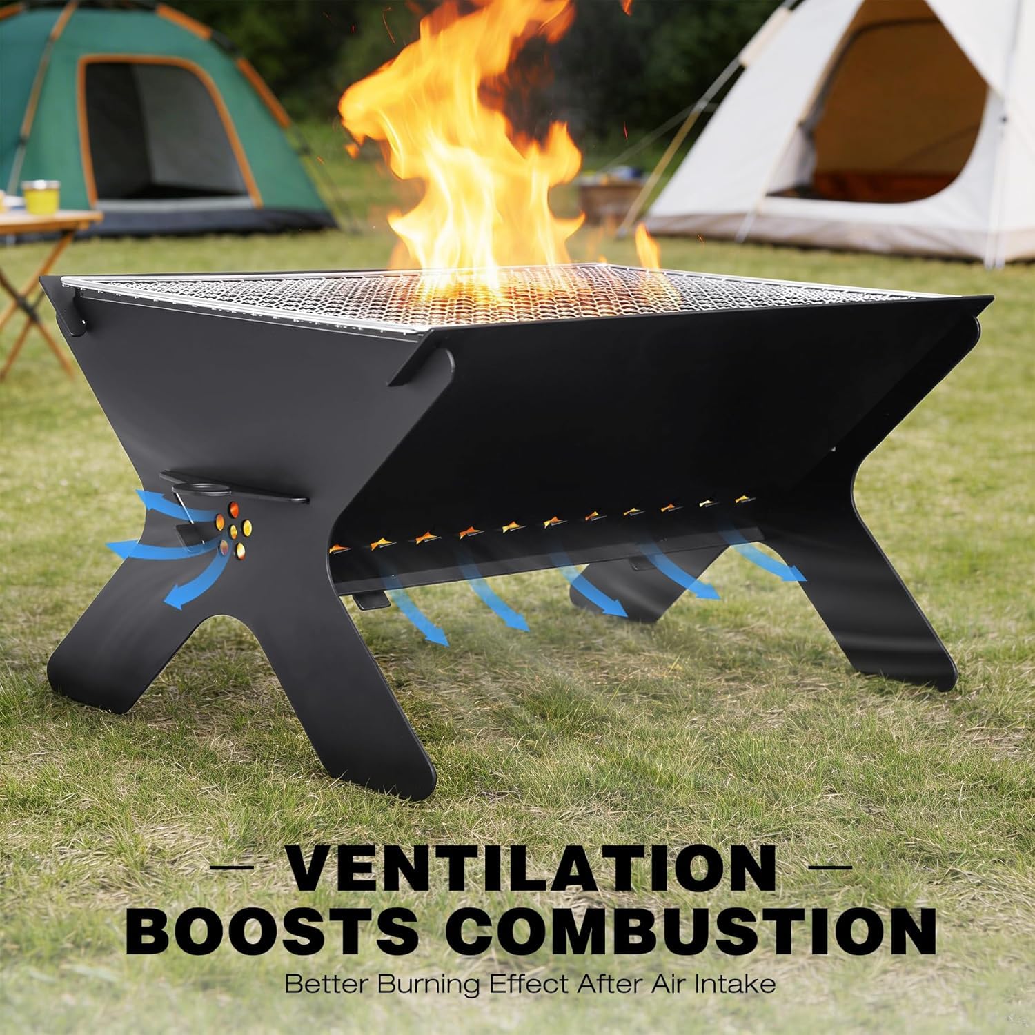 REDCAMP Camping Feuerstelle groß mit Grillrost, 2in1, tragbar, Outdoor | Feuerkorb mit 304 Edelstahlrost, Holz & Kohle, werkzeuglos, klappbar, kompakt mit Tasche, für Garten Strand unterwegs