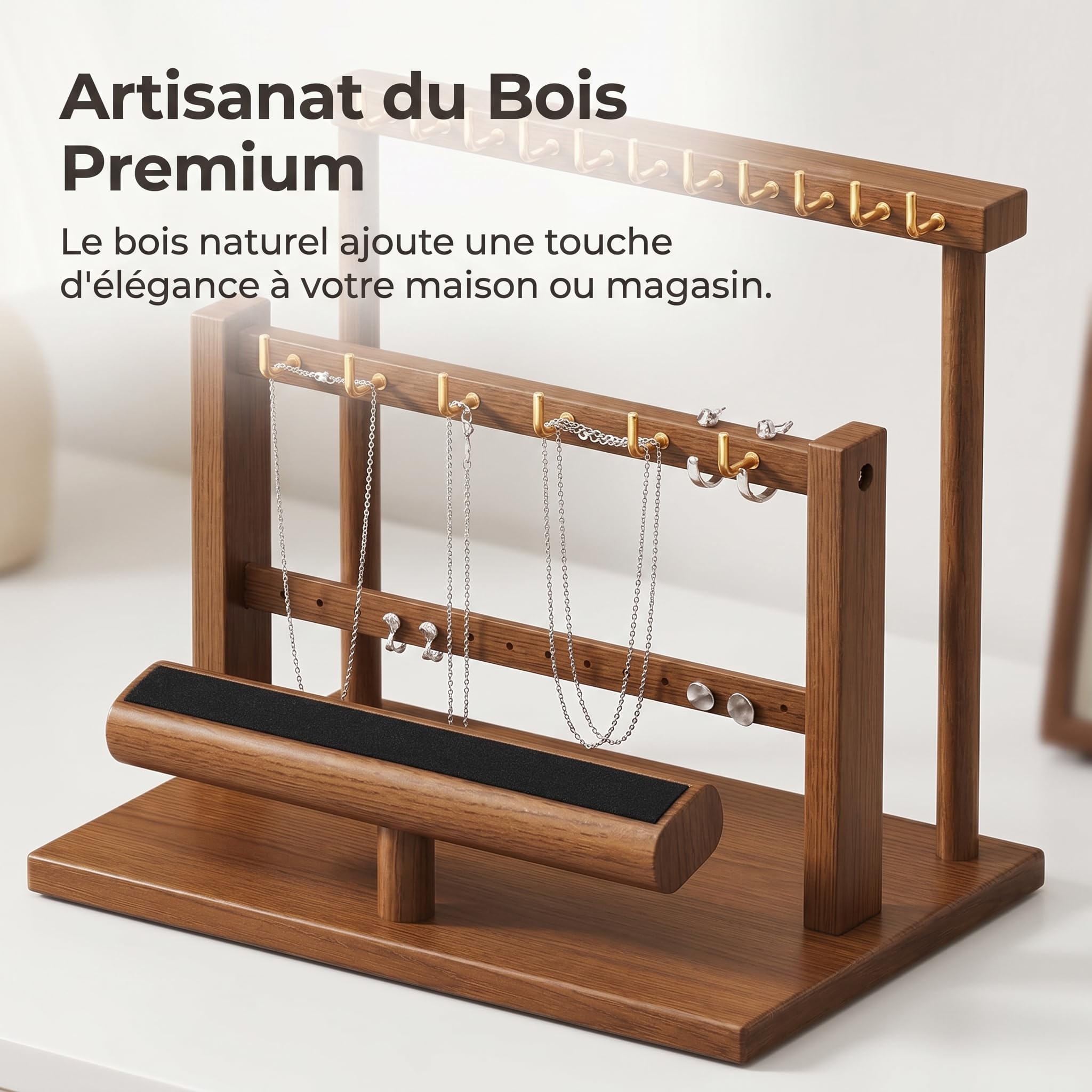 TISHITA Support à Bijoux Table avec ux Tiges Suspendues et Plateau Intégré pour Rangement sans Encombrement sur Comptoir, Noyer, deux barres, Grand, 35x20x25.3cm