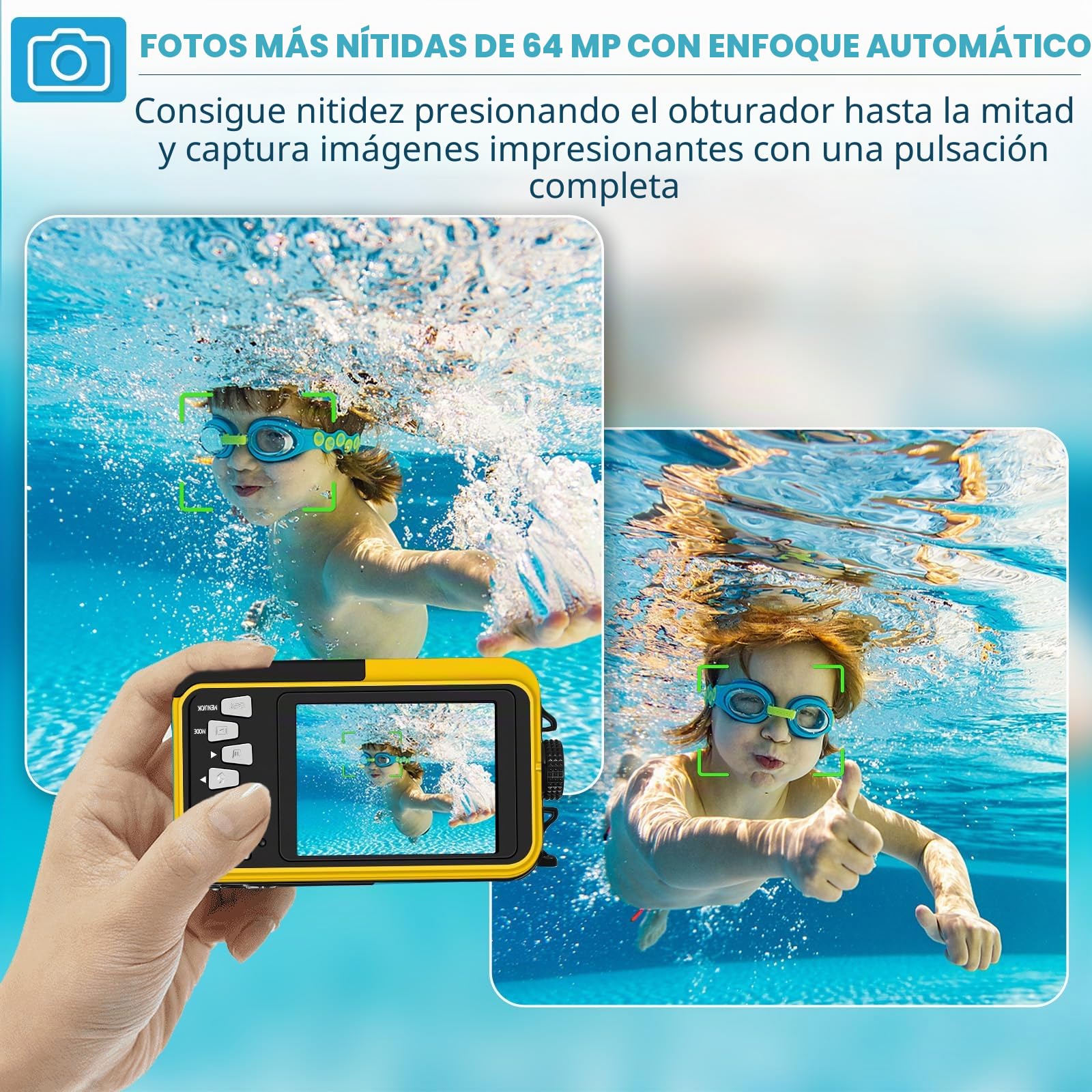 Cámara Acuática 64MP con Tarjeta de Memoria 64GB, Sumergible 4K con Autoenfoque y Doble Pantalla para Selfies, Sumergible hasta 5 Metros para Niños y Snorkel (2 Baterías)