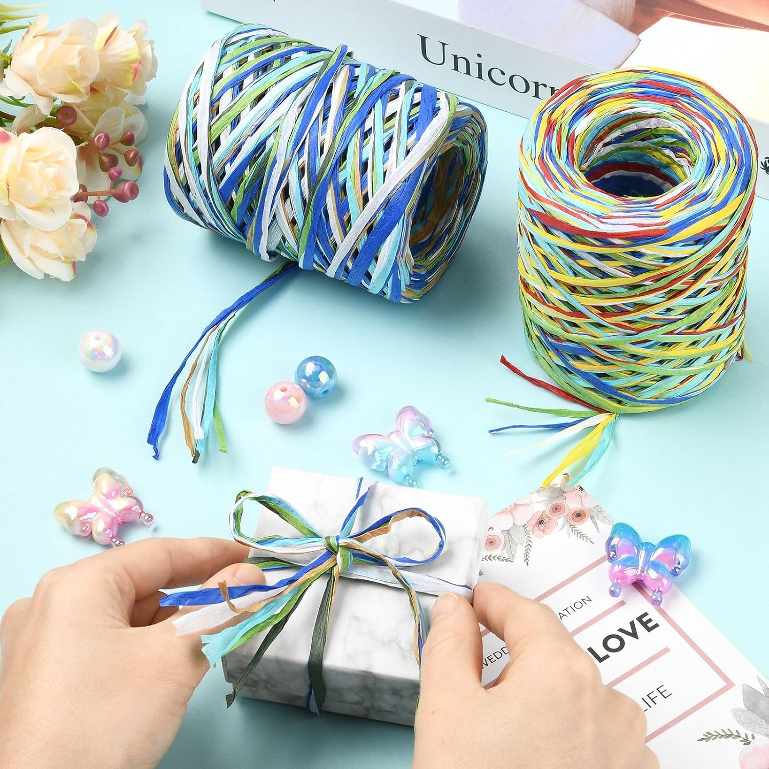 87.49-218.72 Yards/80-200M Green Blue Raffia Ribbon, Paper Twine Yarn String, for Wedding Party DIY Handmade Craft Bouquets Present Wrapping, 2 Rolls 2 Colors