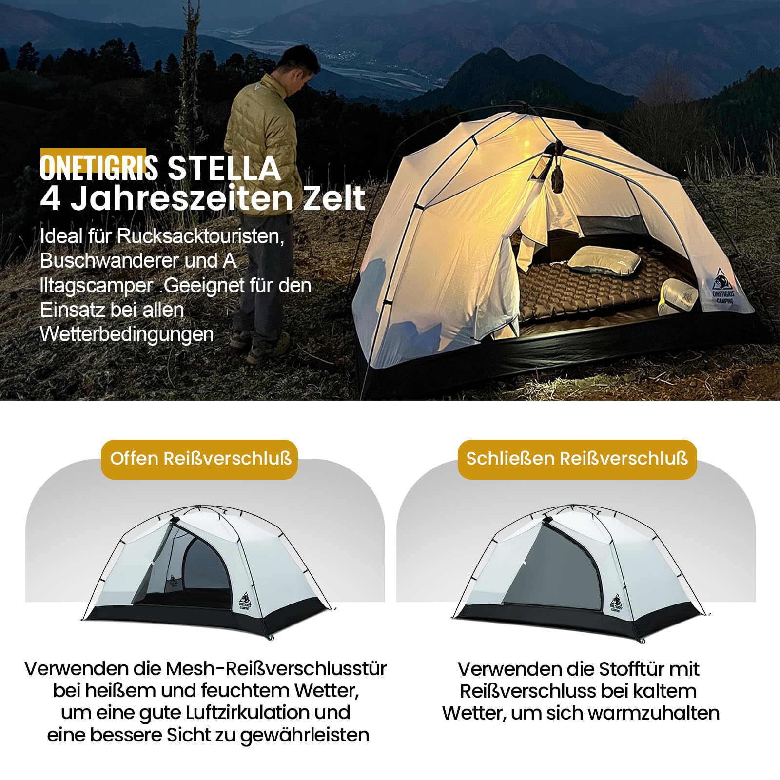 OneTigris Stella - Mochila para 2 personas, ligera, 3000 mm, resistente al agua, 4 estaciones, tienda de campaña para exteriores, senderismo, montañismo (negro)