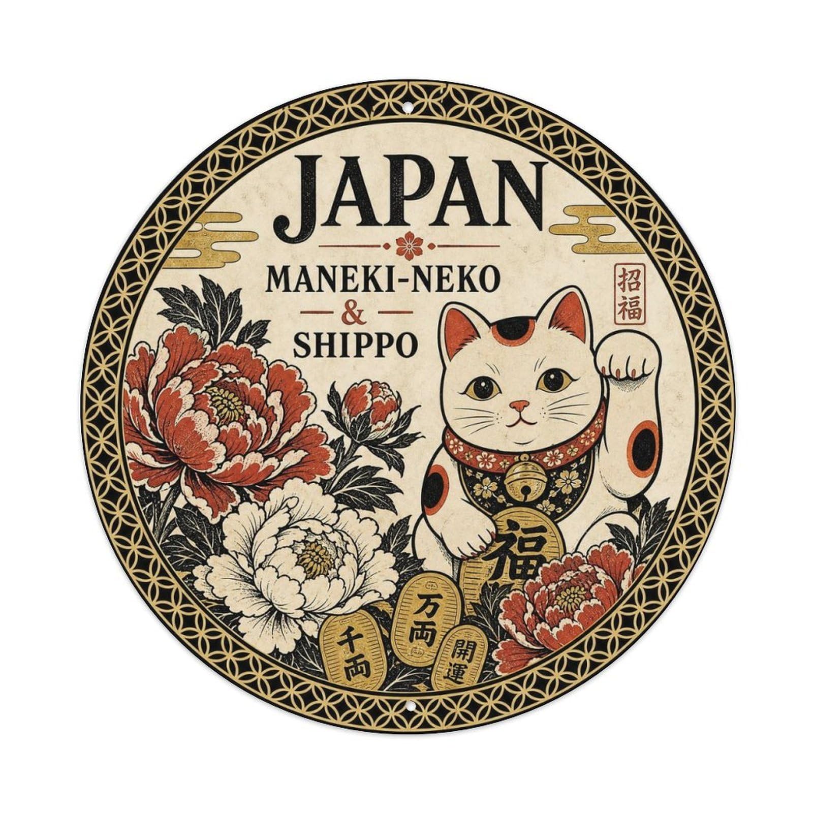 Olyhtr 8X8inch Classic Style Edo Japan Maneki Neko Shippo Ceramic Folk Pattern Metal Tin Sign
