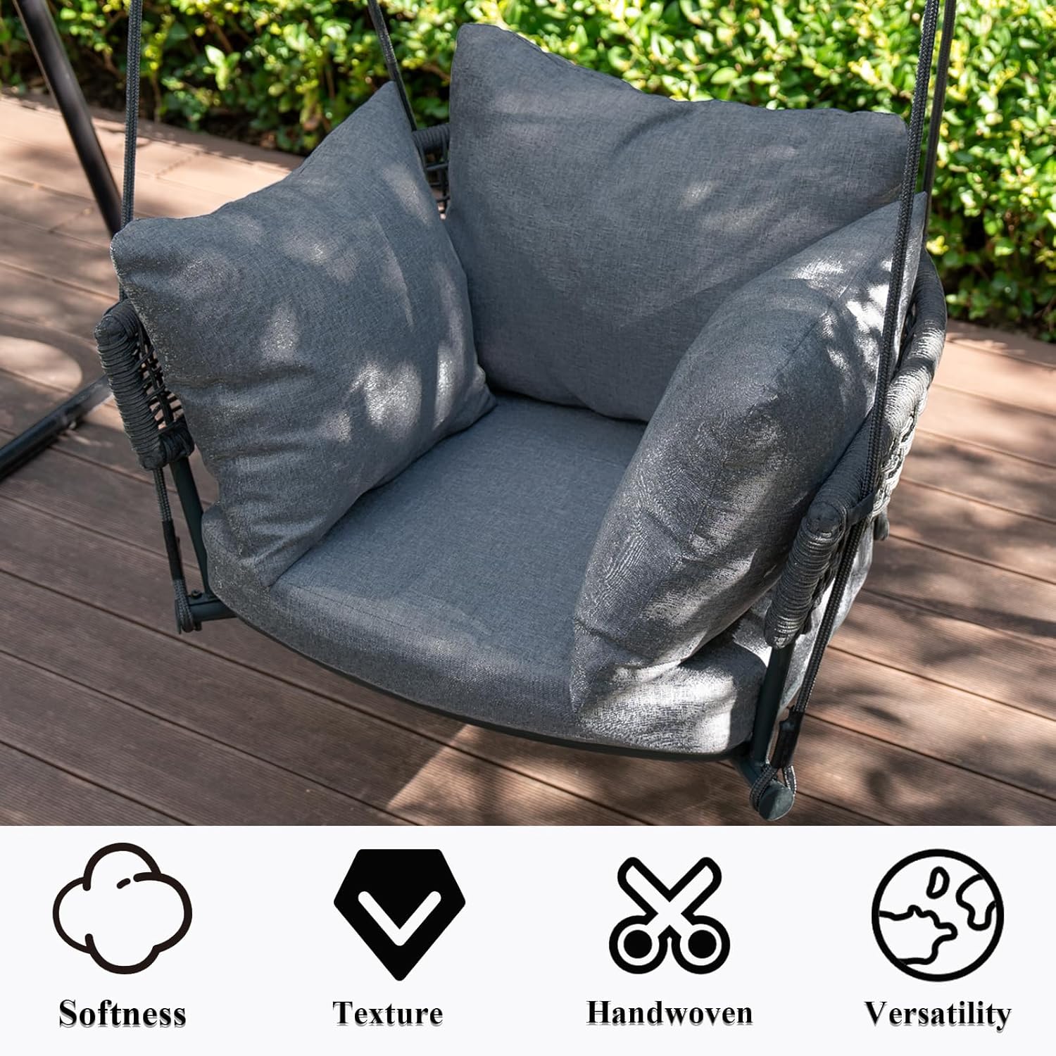Single Porch Swings Chair with Cushions, Hanging Rope Swing, Hanging Chair for Bedroom, Hammock Chairs Swing Indoor & Outdoor, Macrame Hanging Swinging, Patio, Balcony, Dark Grey