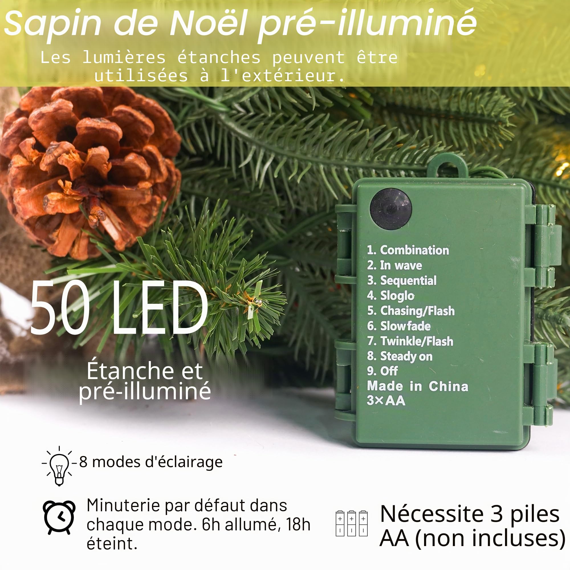 Mini Sapin de Noël Artificiel pré-éclairé de 0,6 m avec 50 lumières LED, 80 Pointes - Petit Sapin de Noël Artificiel avec minuterie - 61 cm - Décoration de Noël pour Chambre à Coucher, cheminée,