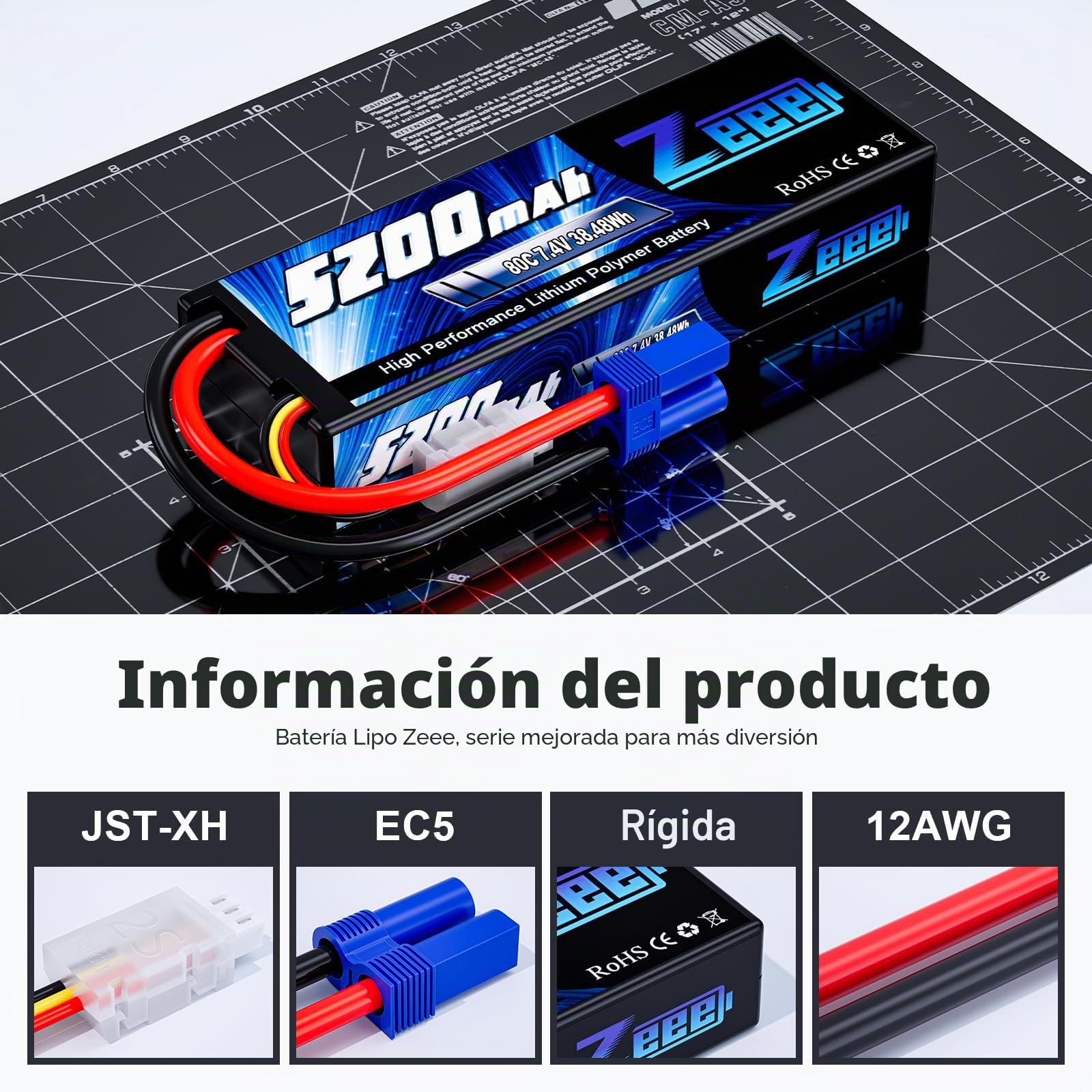 Zeee 2S Lipo - Batería para RC Evader Bx Auto Car Truck LKW Truggy RC Hobby (5200 mAh, 7,4 V, 80 C, con Conector EC5, Enchufe EC5, 2 Paquetes)