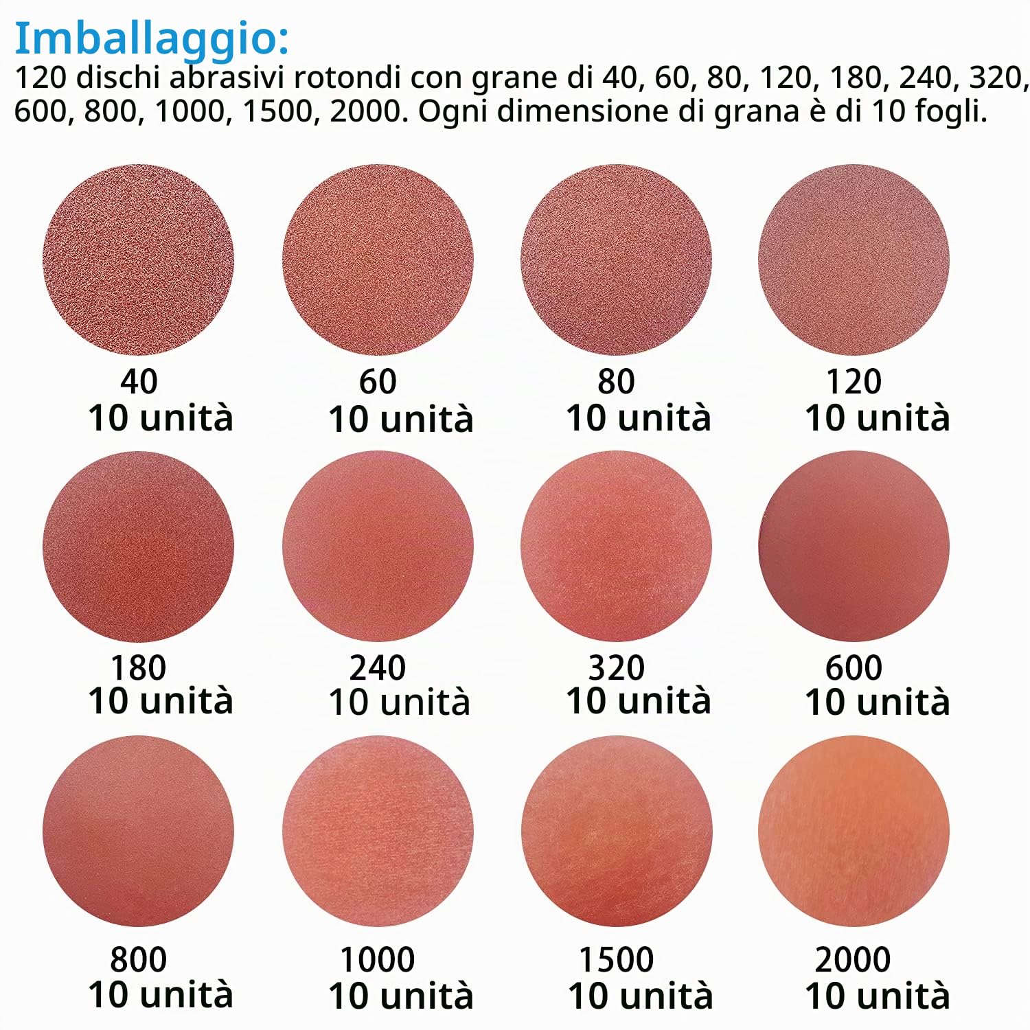 120 dischi abrasivi da 100 mm con gancio e anello per levigatrice orbitale e la maggior parte delle levigatrici orbitali rotanti 40/60/80/120/180/240/320/600/800/1000/1500/2000, grana di carta vetrata