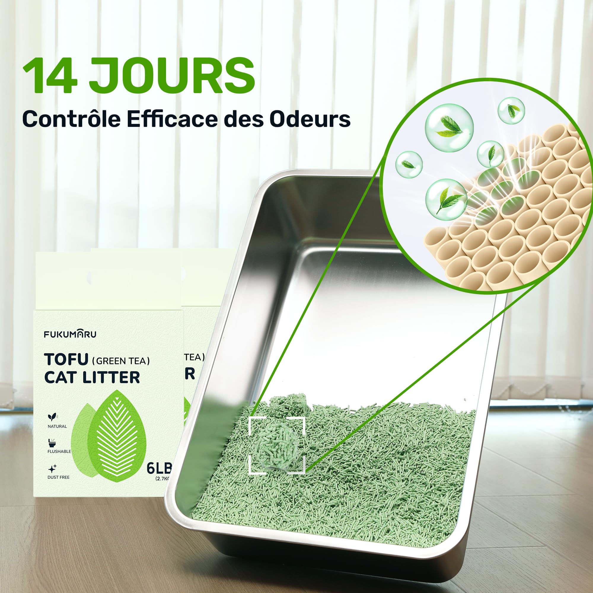 FUKUMARU Litière pour Chats en Tofu 10,8 kg, Litière Agglomérante, Contrôle des Odeurs avec Parfum de Thé Vert, sans Poussière et Facile à Agglomérer, Jetable dans Les Toilettes