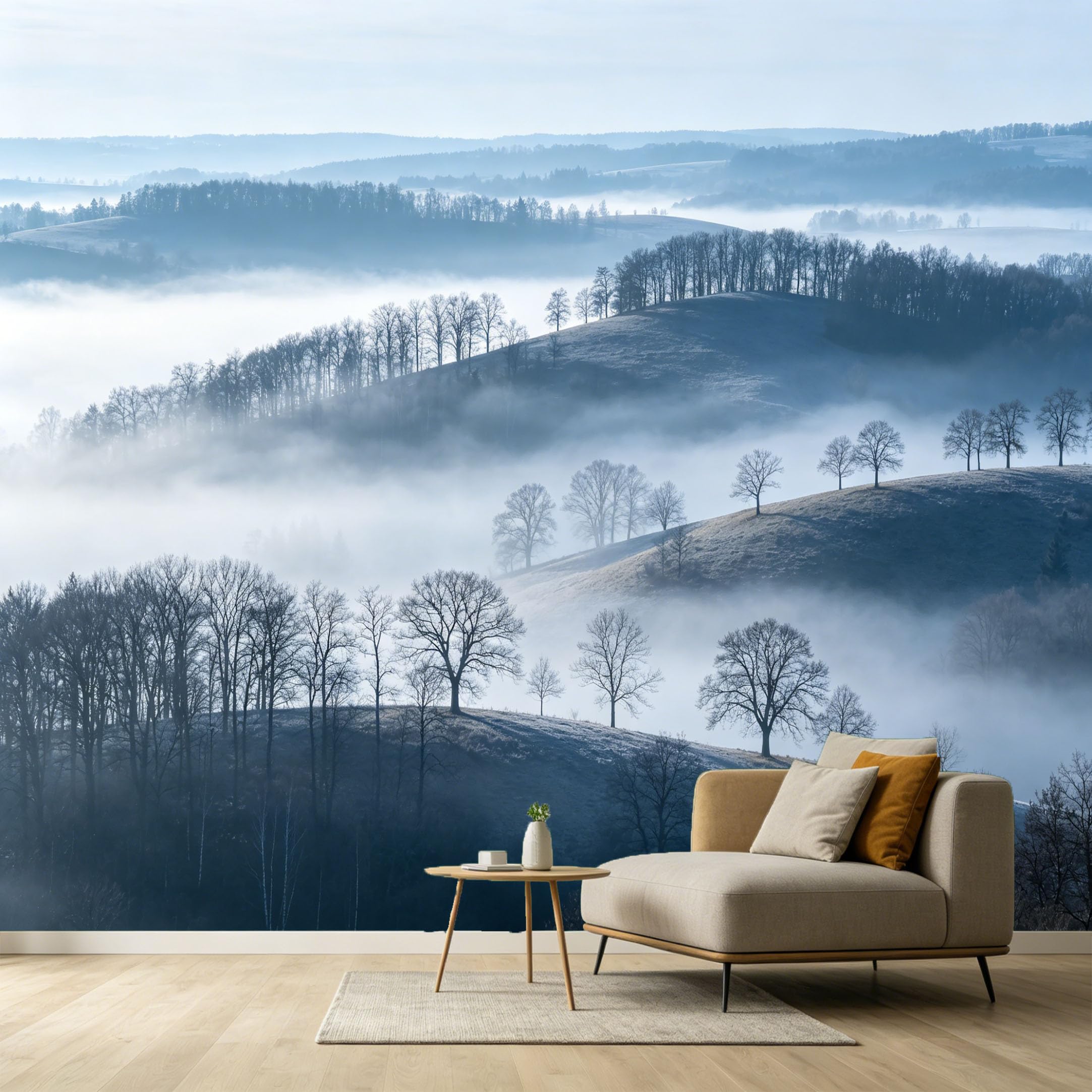 Custom Size Wall Murals Misty Forest Landscape Minimalist Modern Morning Fog Tree Hill SelfAdhesive Wall Fabric Removable Large Wallpaper for Photo Living Room