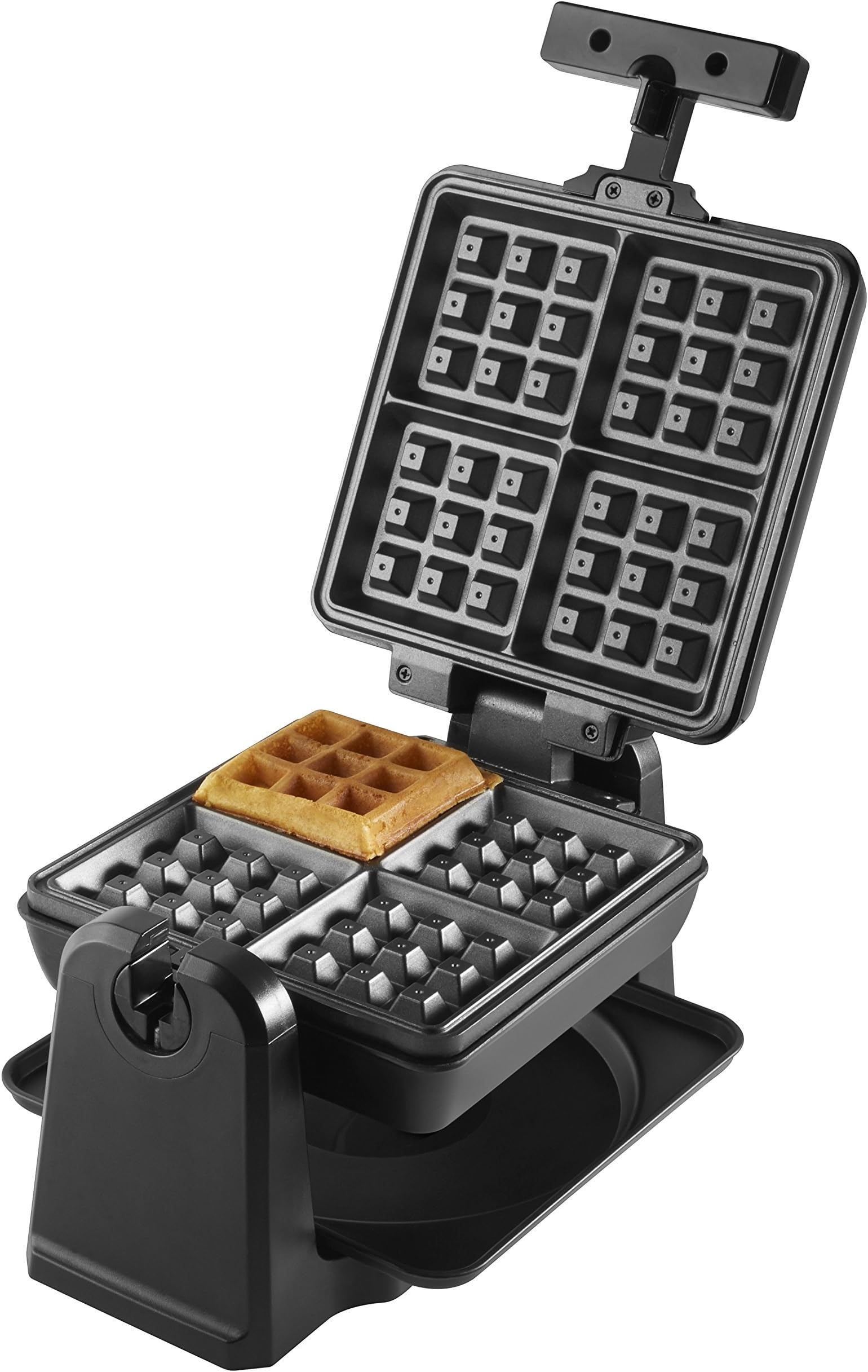 Tower Rotary Waffle Maker with Easy Clean Non-Stick Cerastone Coated Plates, Removable Easy Clean Tray, Adjustable Thermostat Control, Non-Slip Feet and Cool Touch Handle, 1000 W, Silver/Black