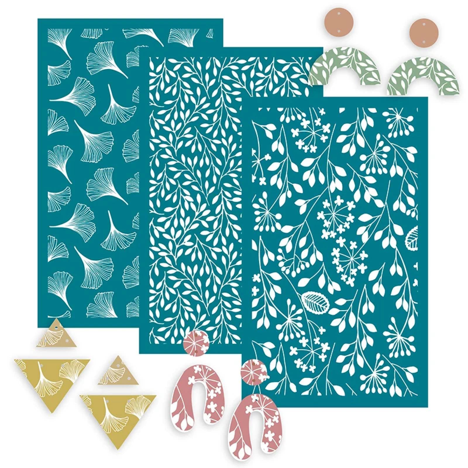 MANGOUSONG Screen Printing Kit,9x15cm Flower Leaves Silk Screen Stencils for Polymer Clay Palm Leaves Reusable Mesh Transfer Printing Earring Jewelry Making Style 15
