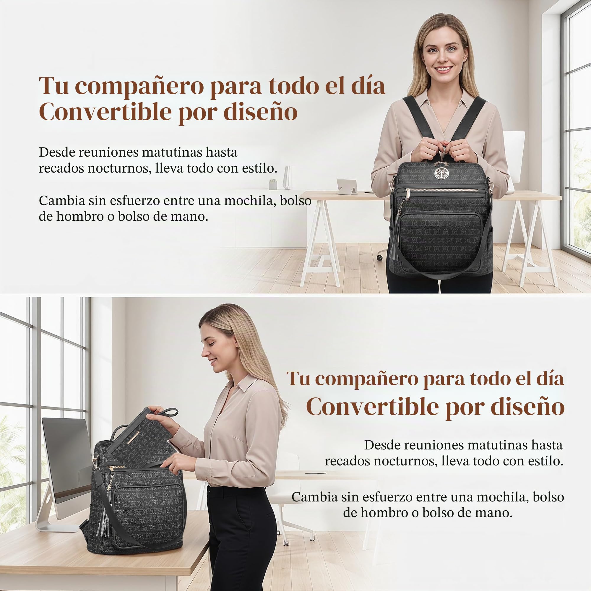 MKP COLLECTION Mochila de moda para mujer, convertible, grande, mochila de viaje, bolsa de hombro, bolso de mano, juego de 2 piezas con borla